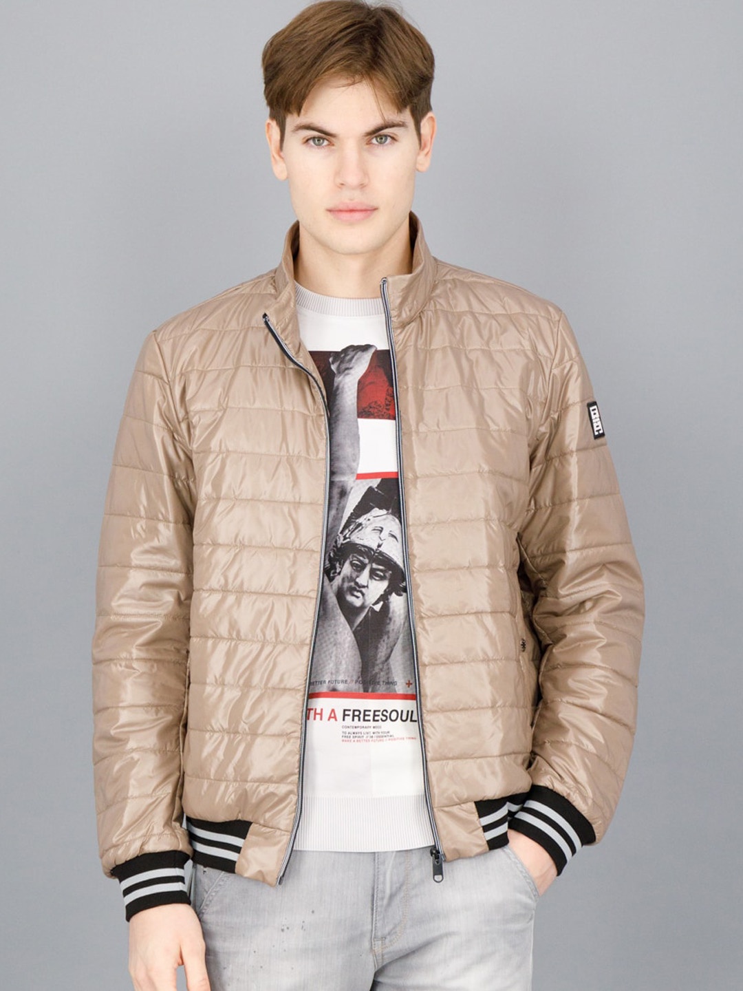 

FREESOUL Men Beige Long Sleeves Bomber Jacket