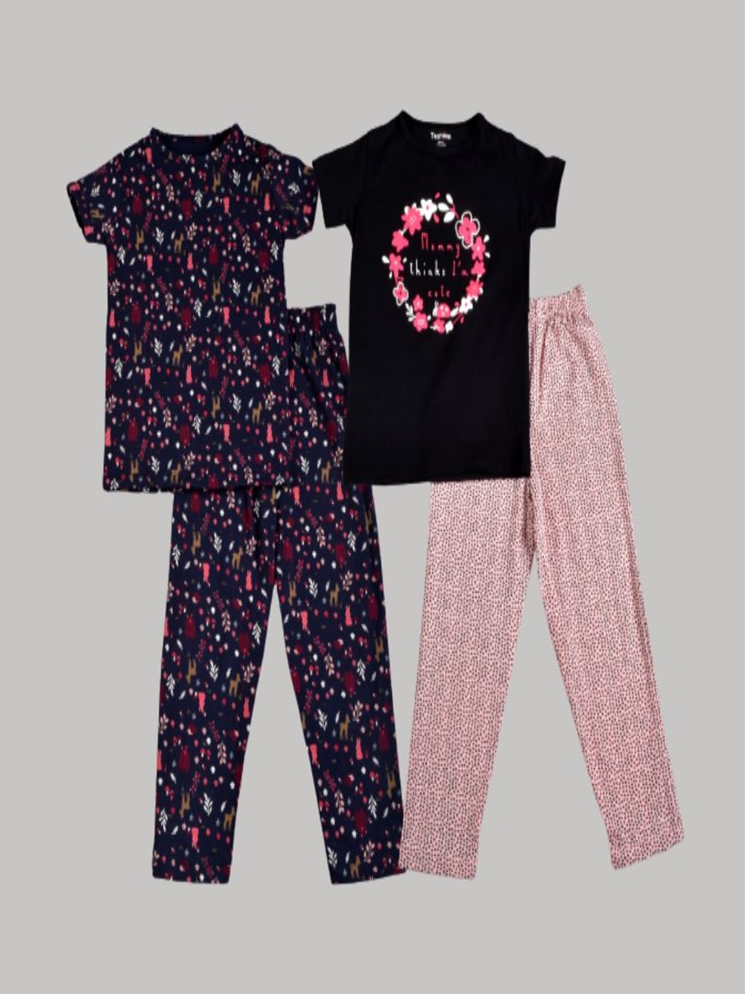 

Taatoom Girls Pink & Black Pure Cotton Pack of 2 Printed Night suit