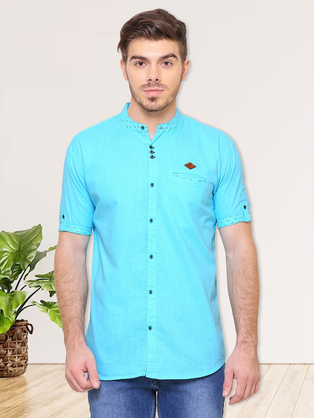 

Kuons Avenue Men Turquoise Blue Smart Slim Fit Linen Cotton Casual Shirt