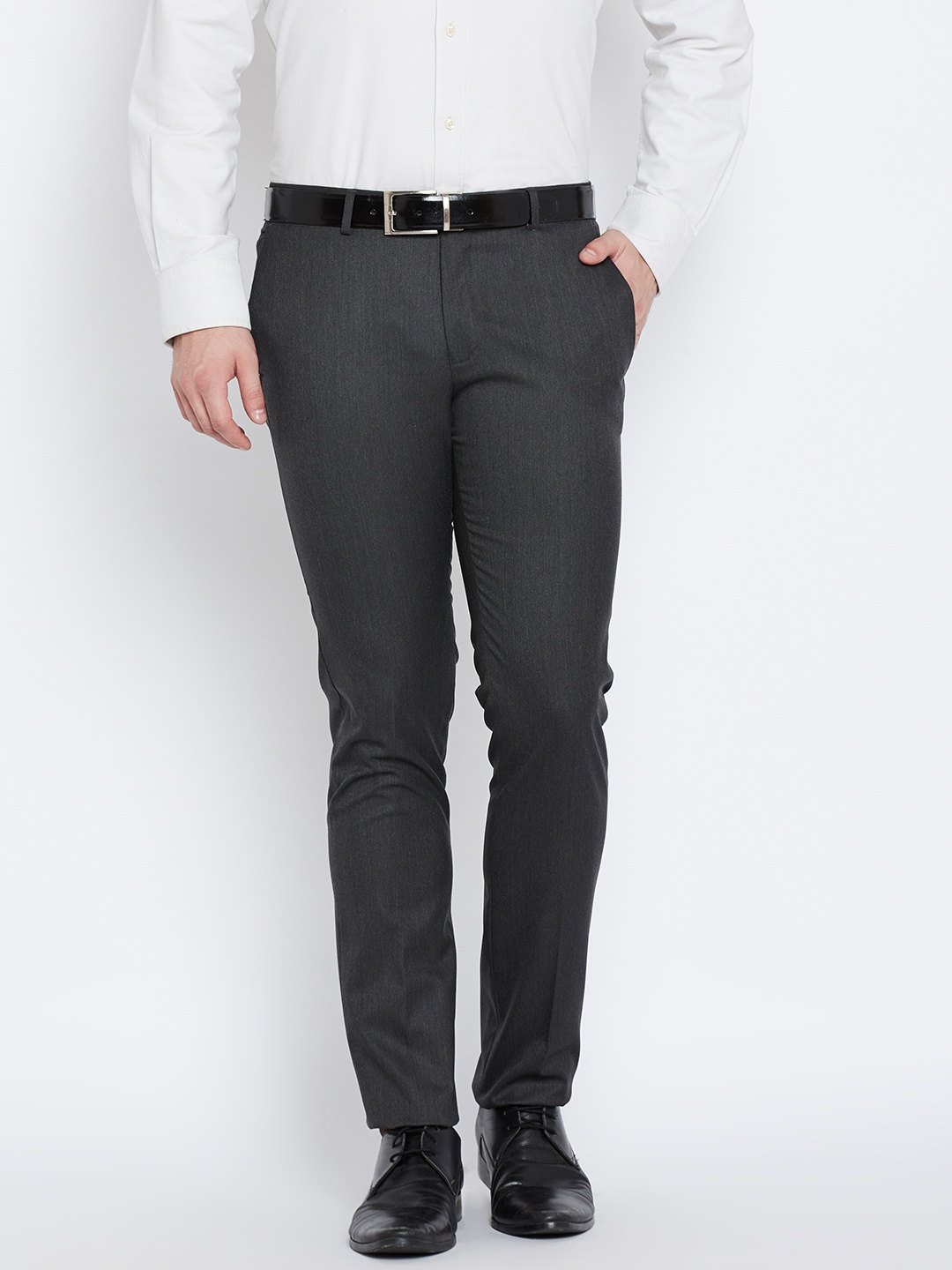 

Blackberrys Men Charcoal Grey B-91 Skinny Fit Solid Formal Trousers