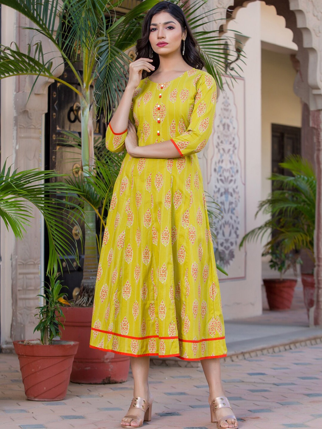 

FabbibaPrints Women Green & White Floral Printed Anarkali Kurta