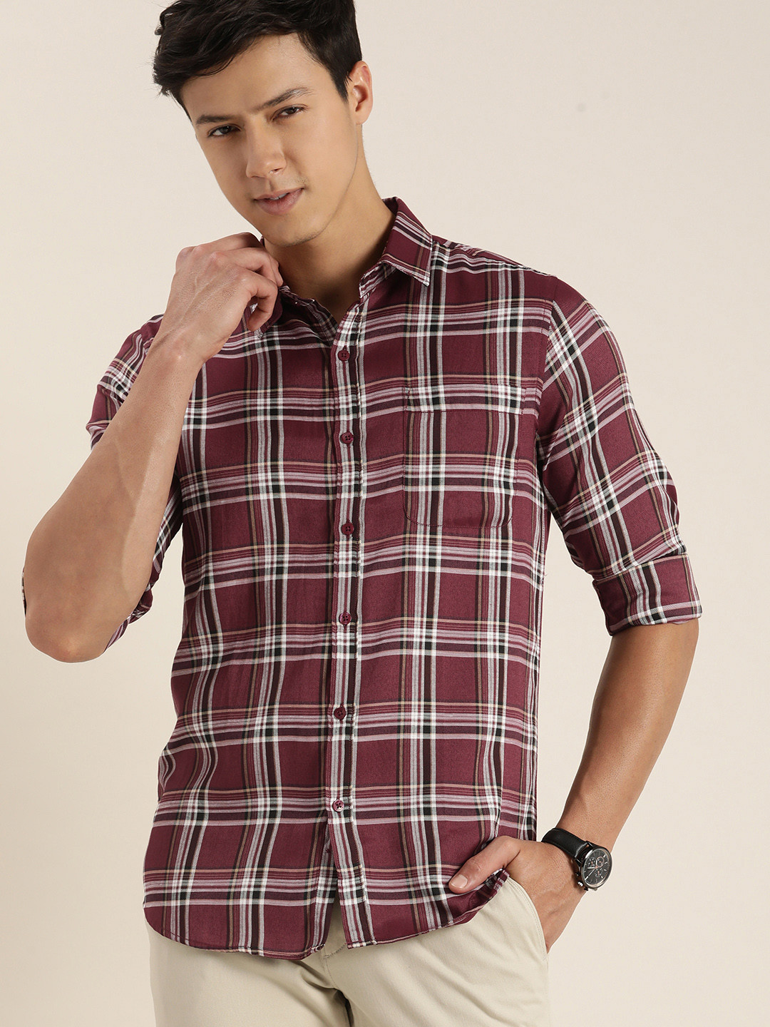 

encore by INVICTUS Men Tartan Checked Casual Shirt, Burgundy