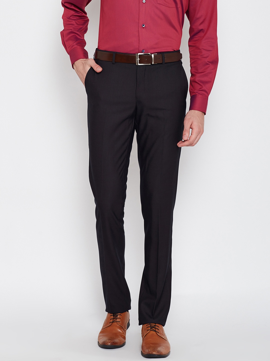 

Blackberrys Men Brown Sharp Fit Solid B-95 Slim Fit Formal Trousers