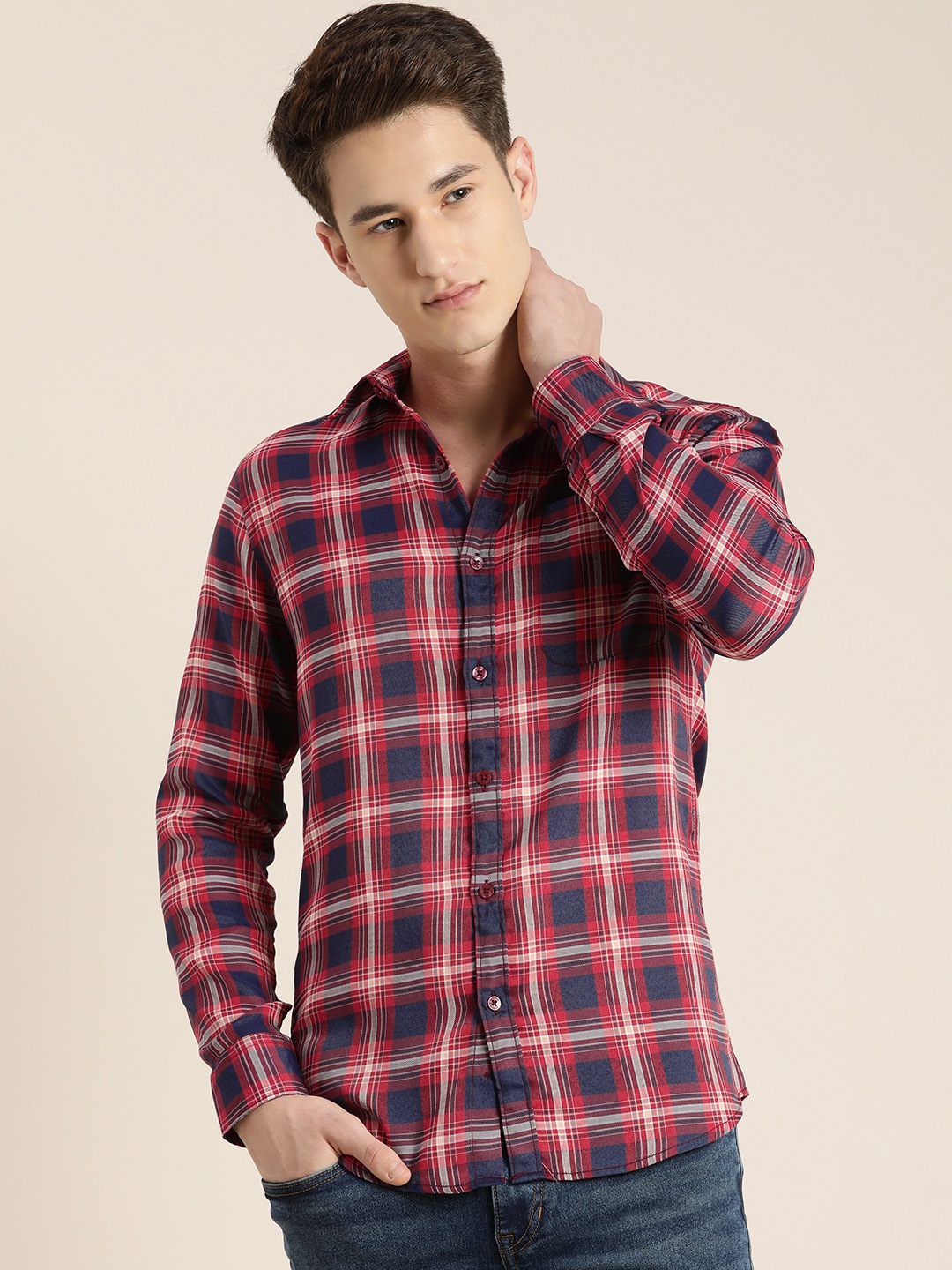 

encore by INVICTUS Men Tartan Checks Spread Collar Casual Shirt, Red