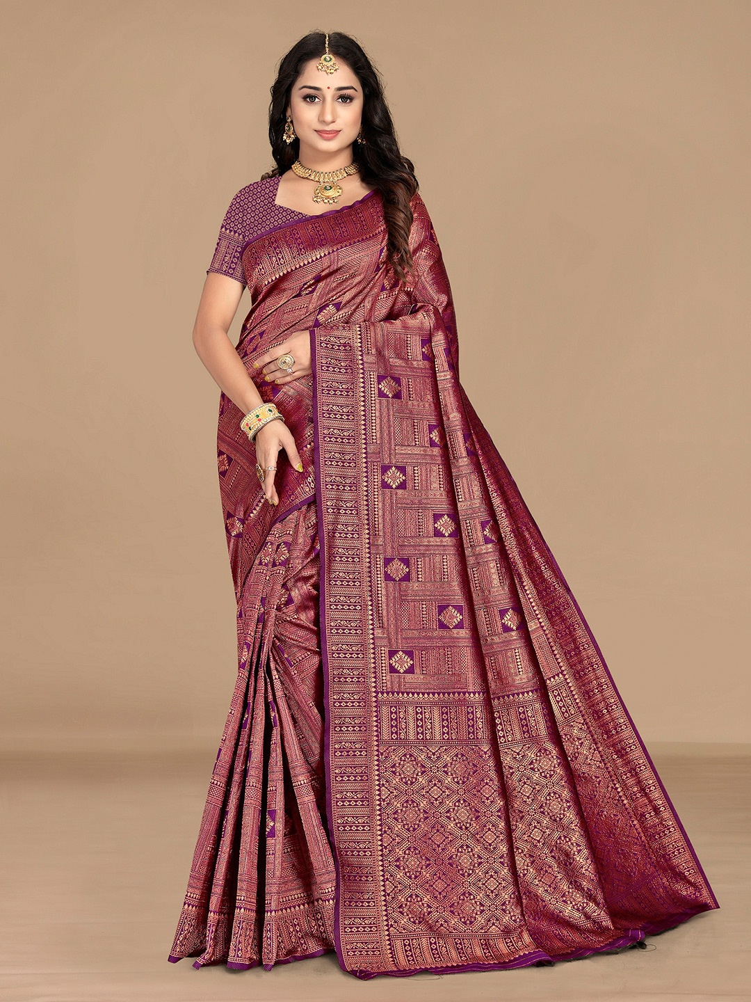 

Sidhidata Magenta & Gold-Toned Woven Design Zari Silk Blend Banarasi Saree