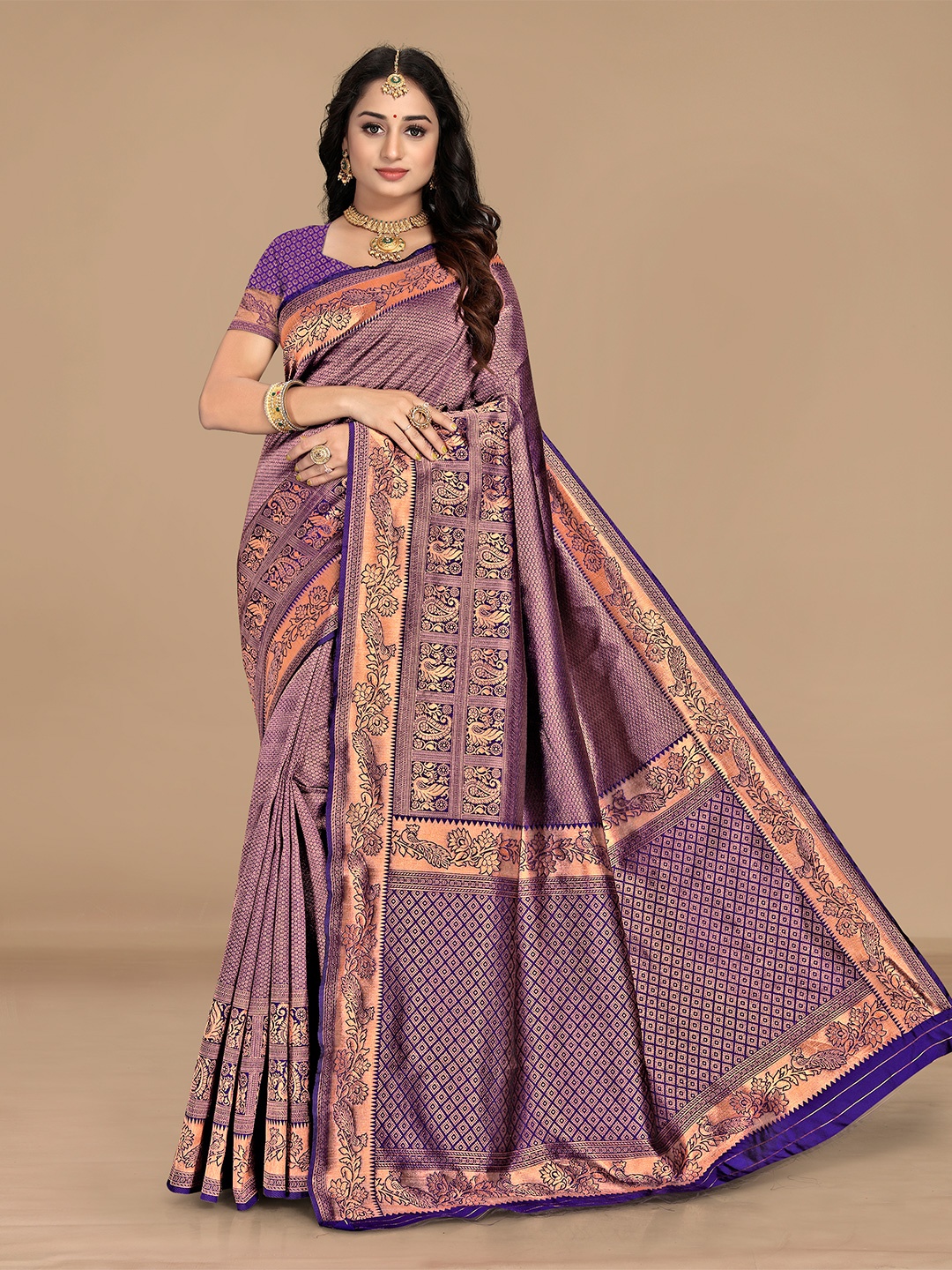 

Sidhidata Blue & Gold-Toned Ethnic Motifs Jacquard Kanjeevaram Zari Saree