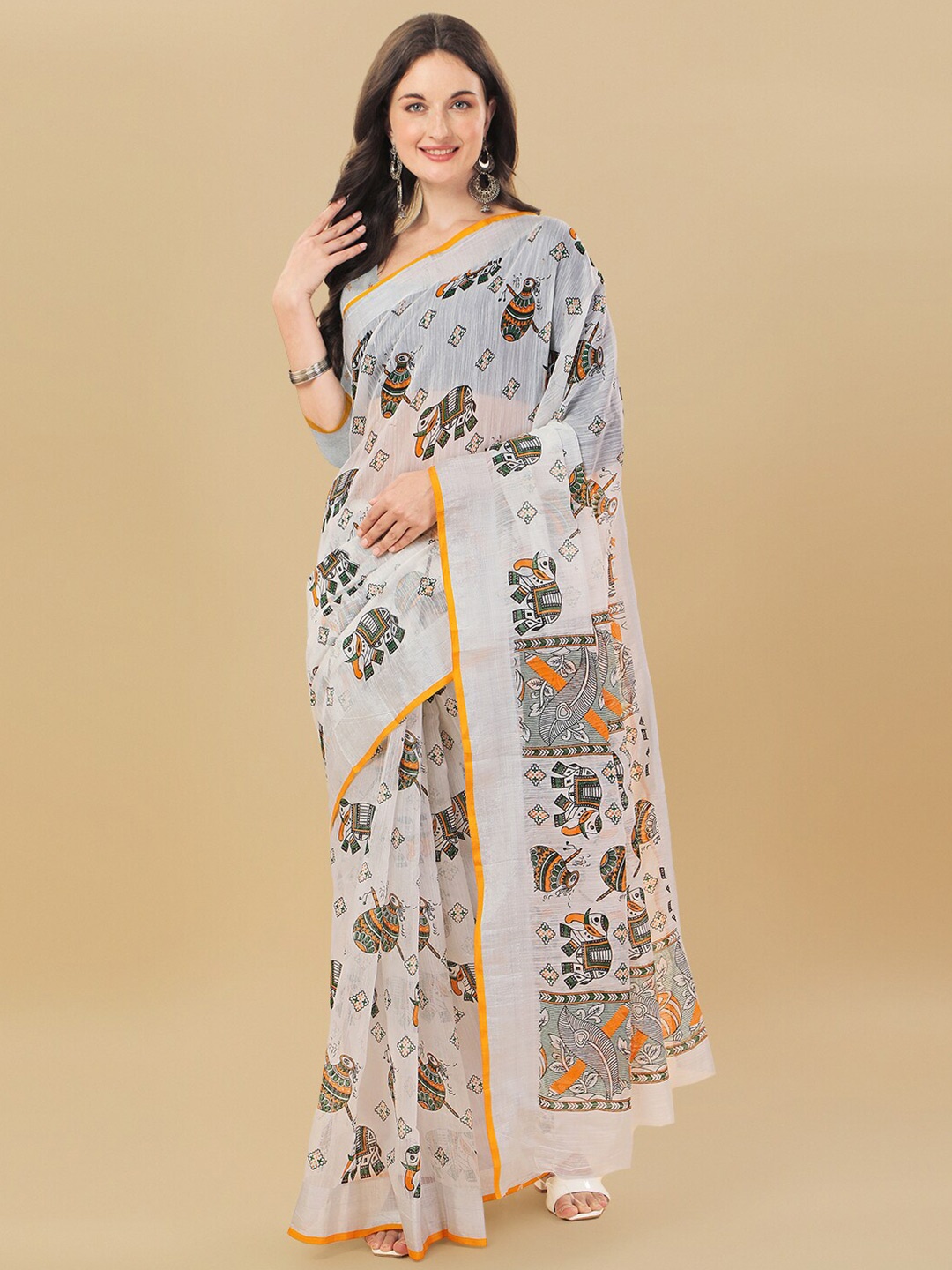 

Sidhidata Orange & White Ethnic Motifs Printed Zari Chanderi Saree
