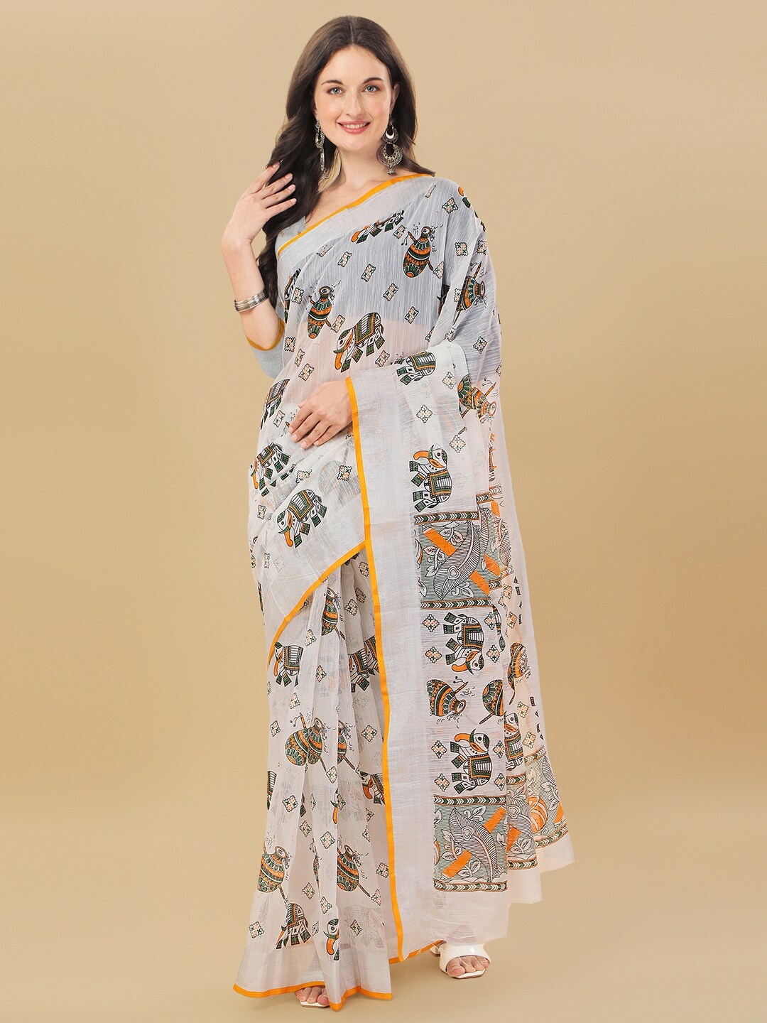 

Sidhidata White & Gold-Toned Ethnic Motifs Zari Chanderi Saree