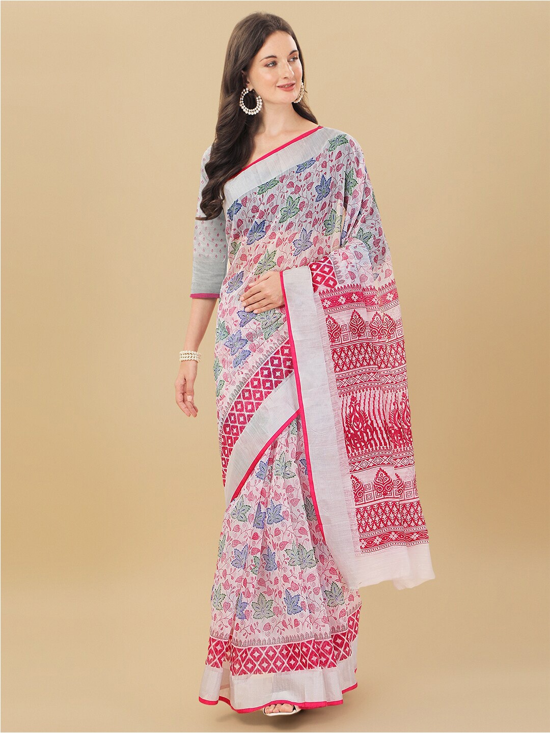 

Sidhidata White & Pink Floral Zari Chanderi Saree