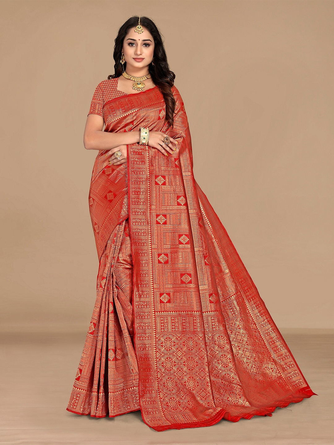 

Sidhidata Red & Gold-Toned Ethnic Motifs Zari Silk Blend Banarasi Saree