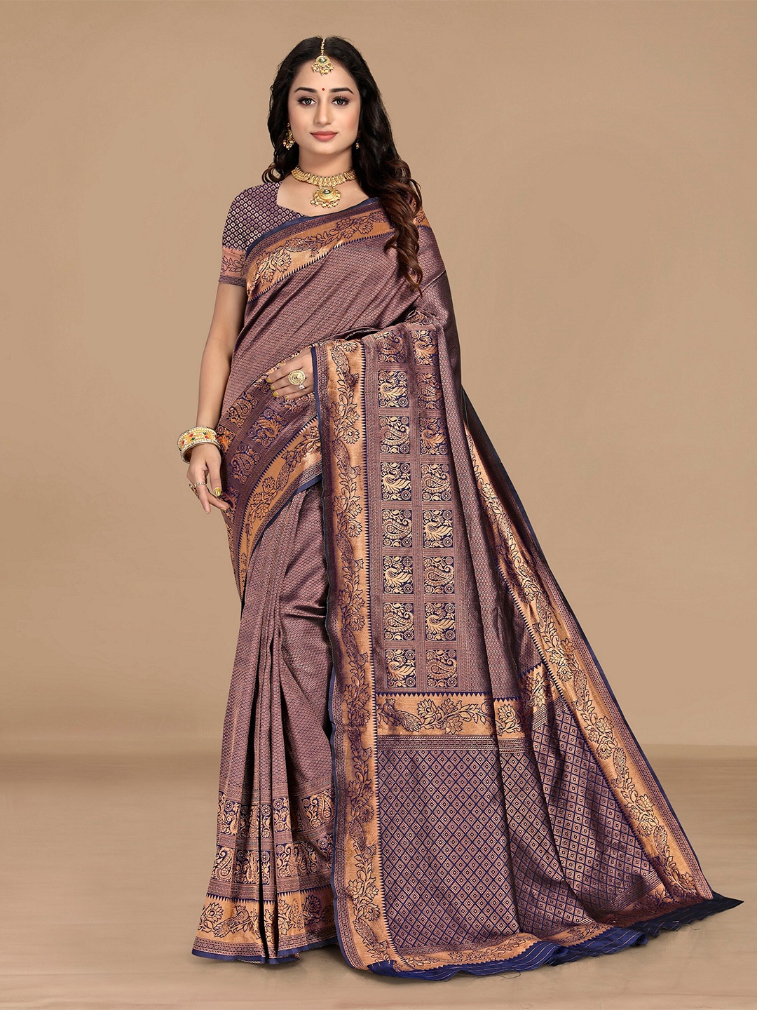 

Sidhidata Navy Blue & Gold-Toned Woven Design Zari Silk Blend Paithani Saree
