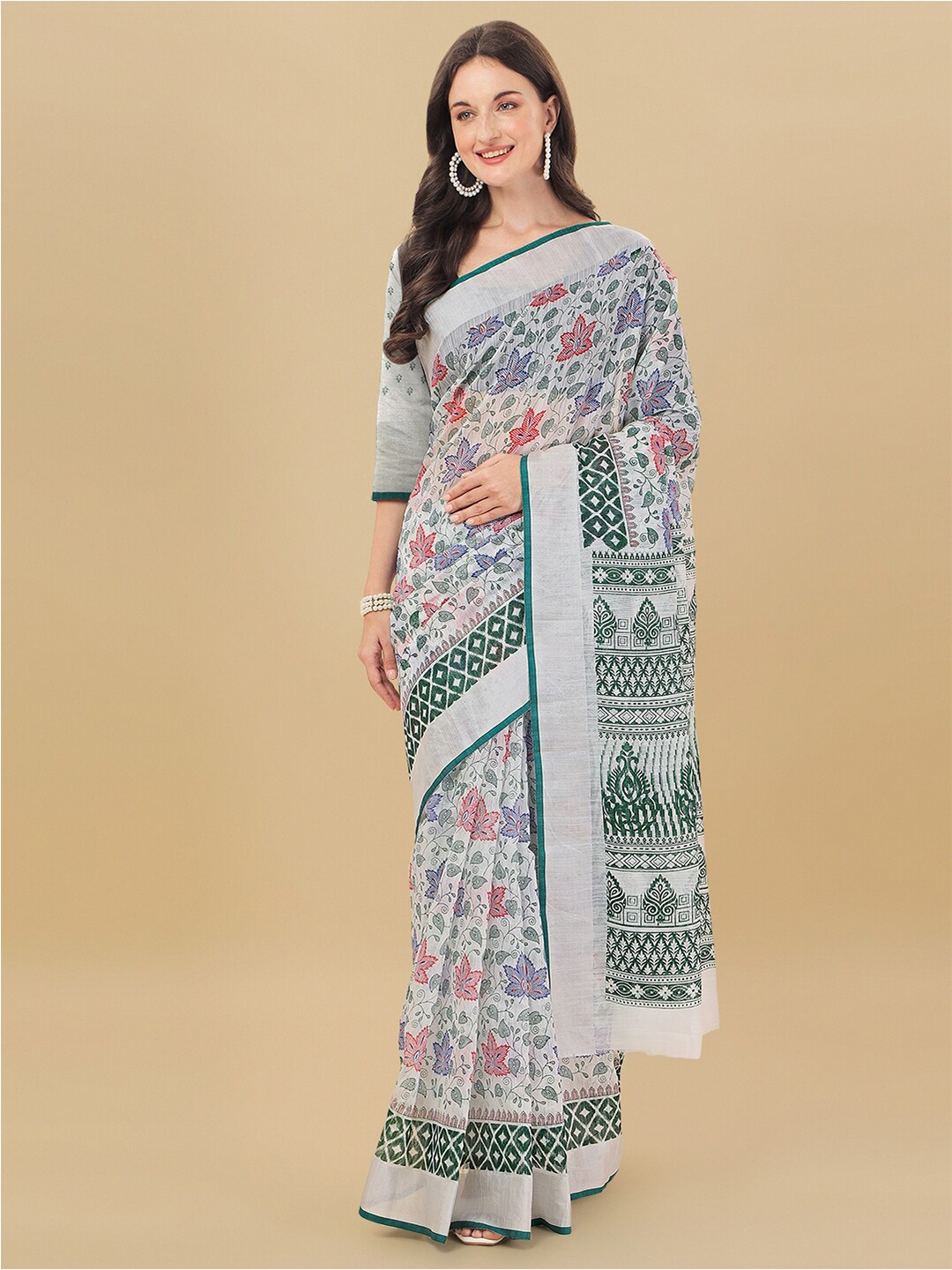 

Sidhidata Sea Green & Green Floral Zari Chanderi Saree