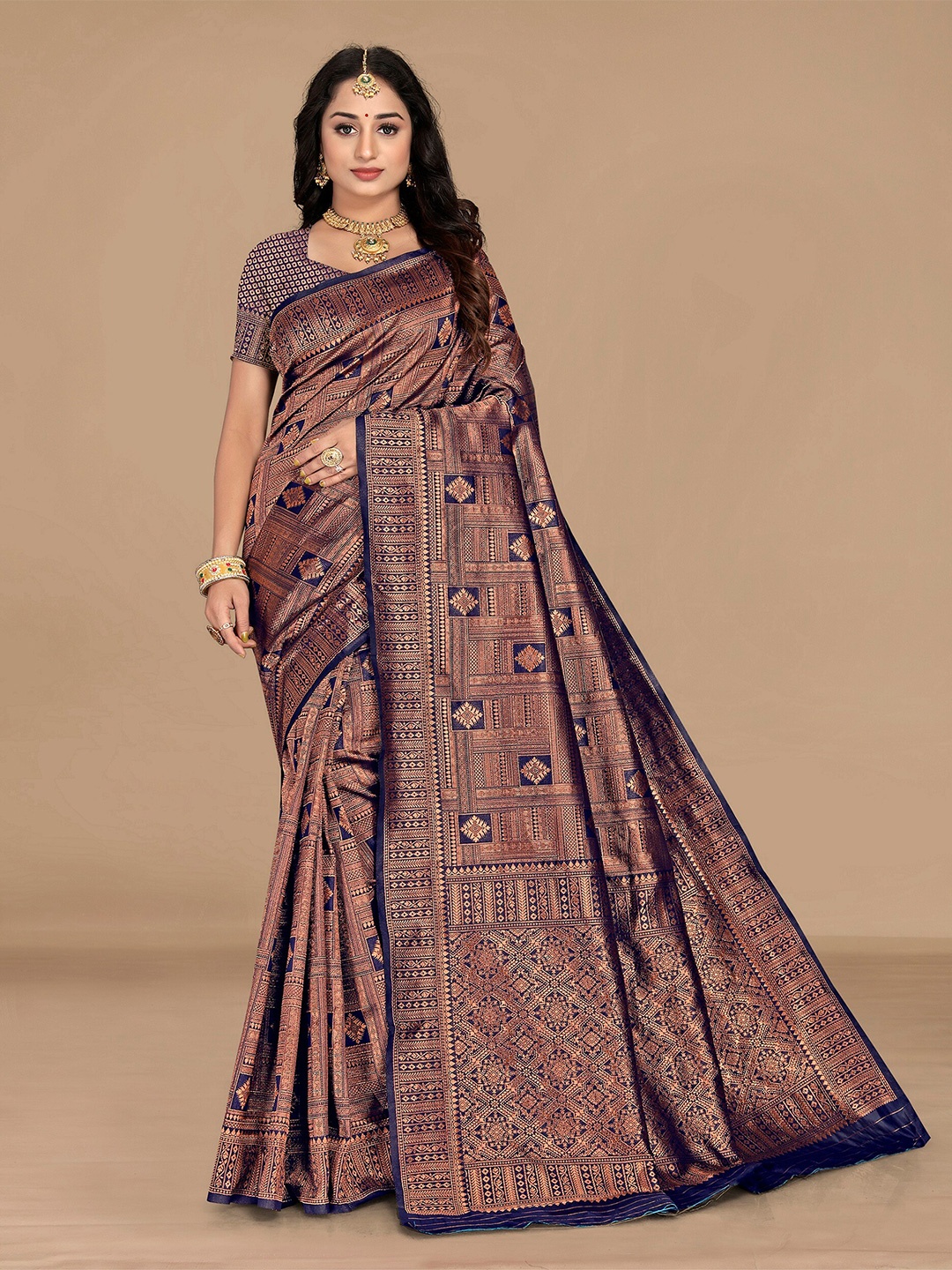 

Sidhidata Navy Blue & Copper-Toned Ethnic Motifs Zari Silk Blend Banarasi Saree