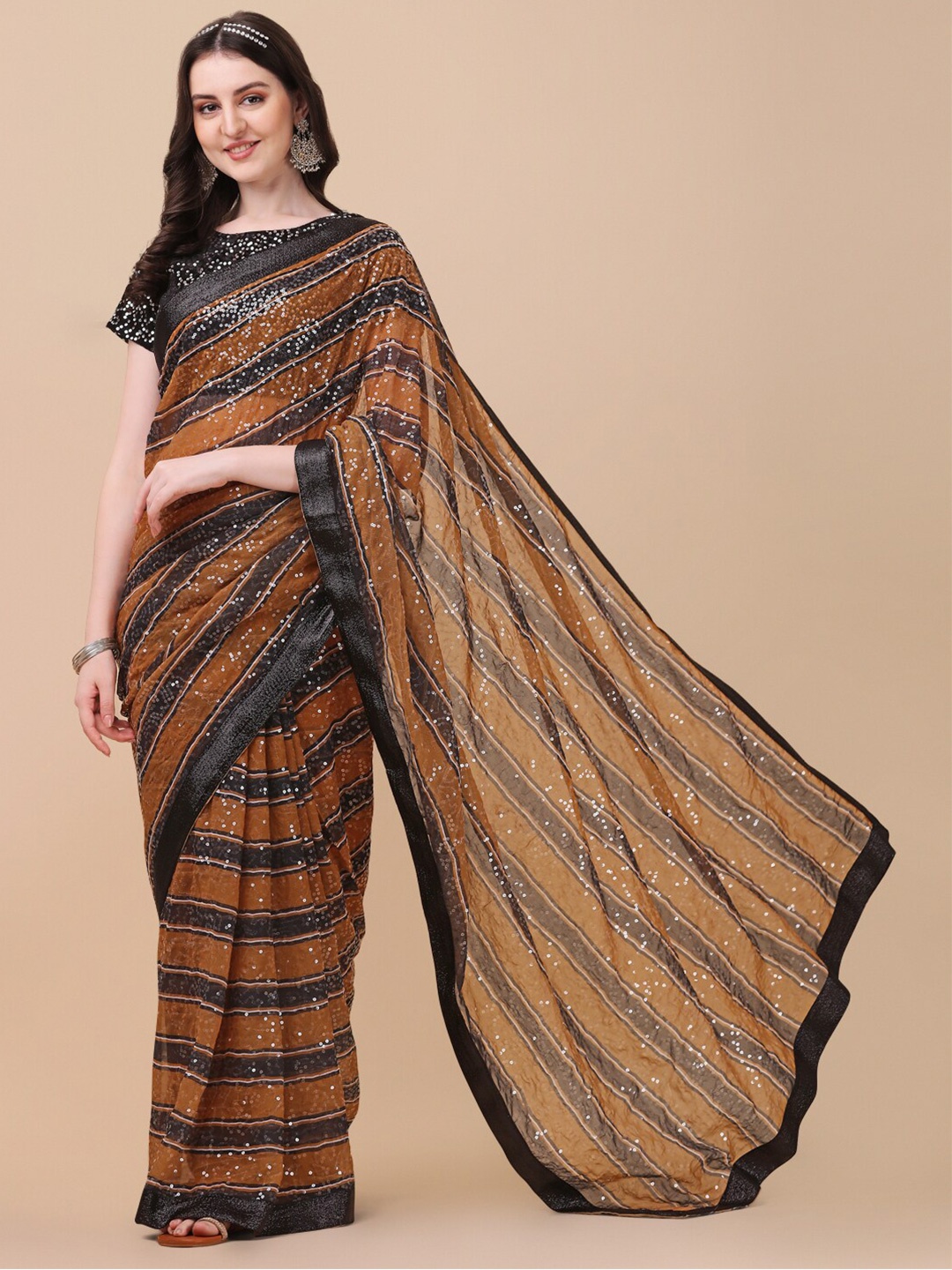 

Sidhidata Black & Brown Striped Sequinned Pure Georgette Saree