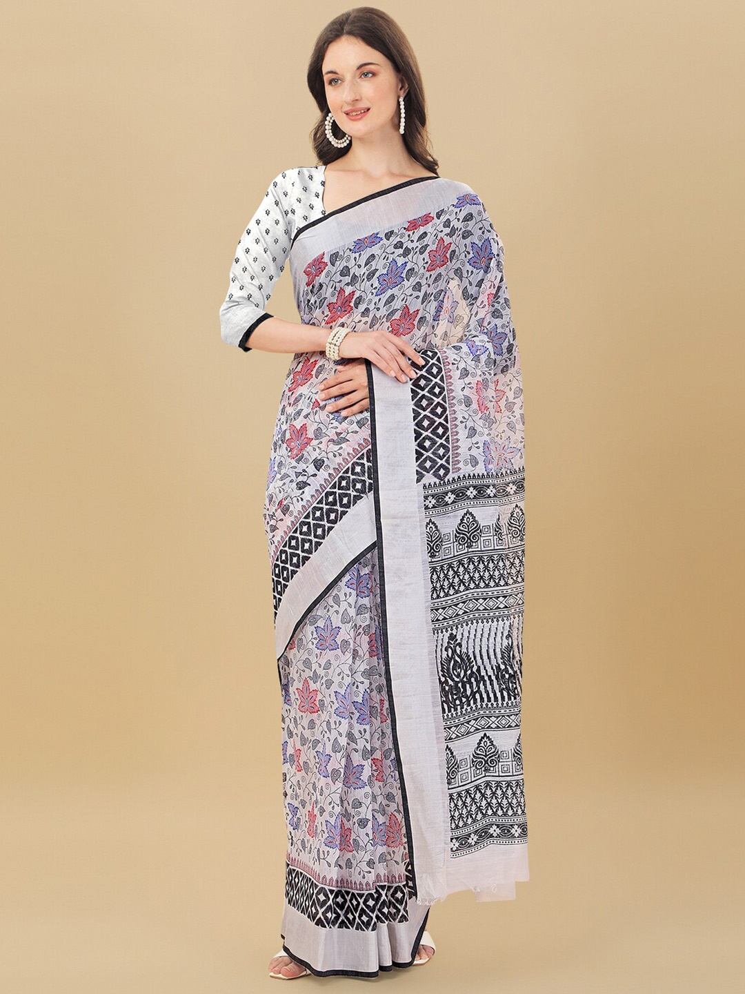 

Sidhidata Black & Grey Floral Zari Linen Cotton Chanderi Saree