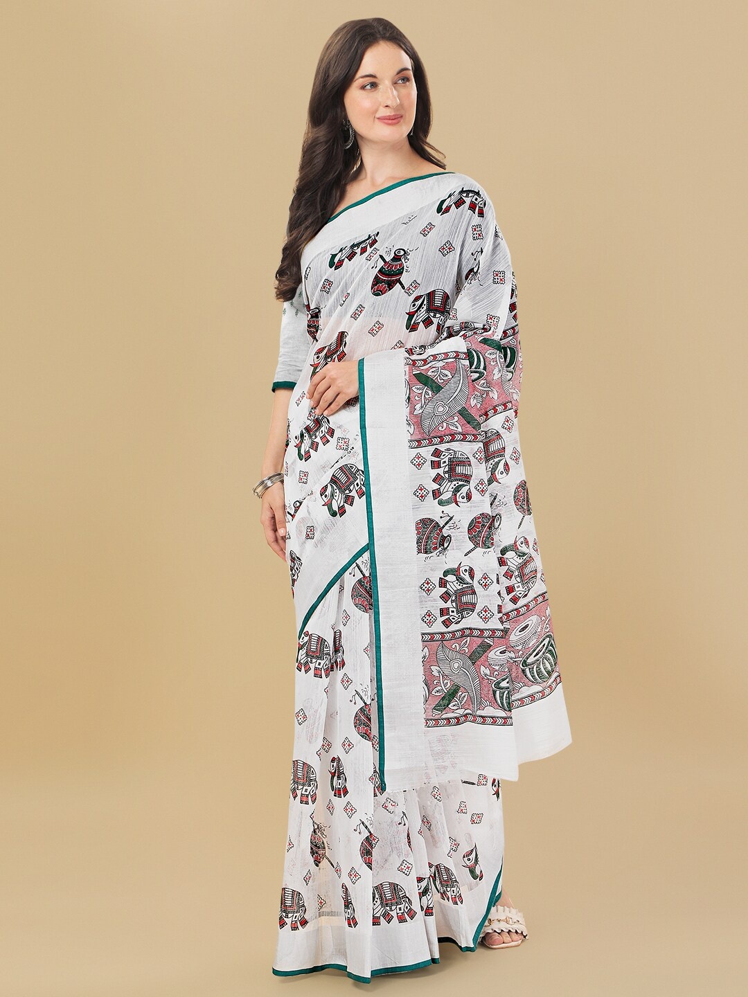 

Sidhidata Sea Green & White Ethnic Motifs Chanderi Saree