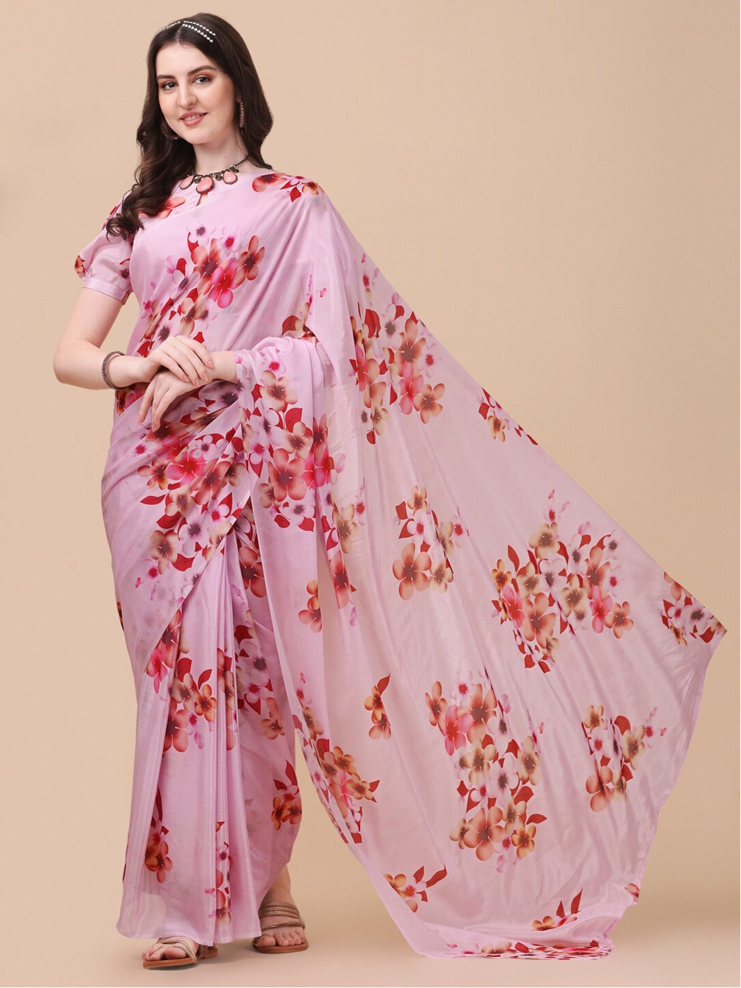 

Sidhidata Women Pink & Red Floral Ready To Wear Block Print Saree