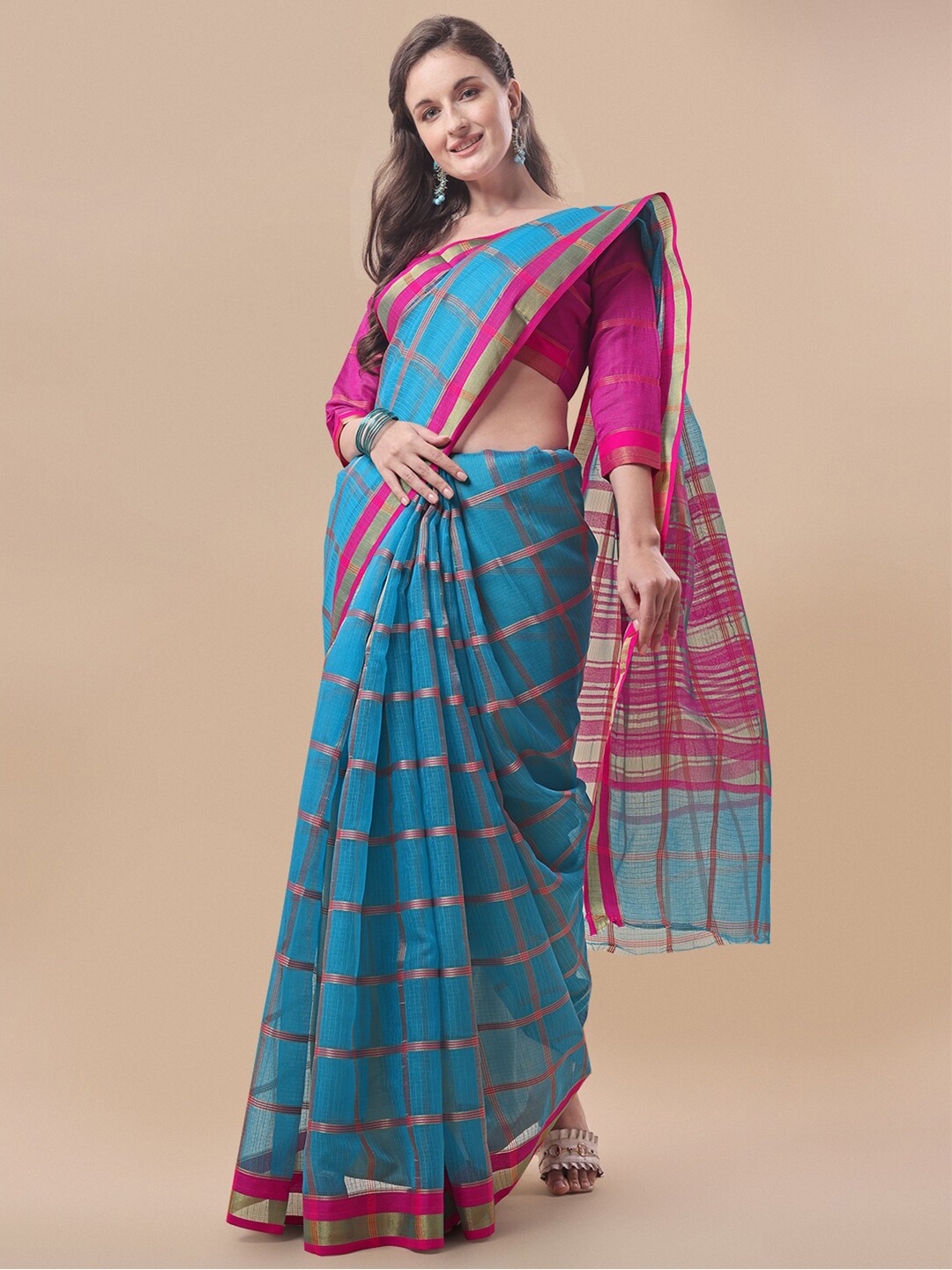 

Sidhidata Turquoise Blue & Pink Checked Zari Kota Cotton Saree