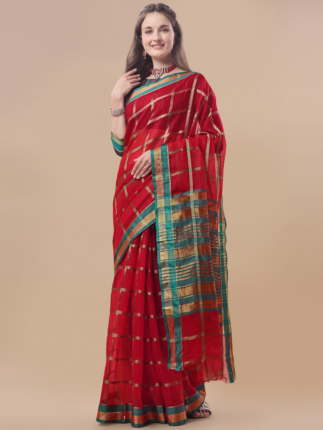

Sidhidata Red & Green Checked Zari Kota Saree