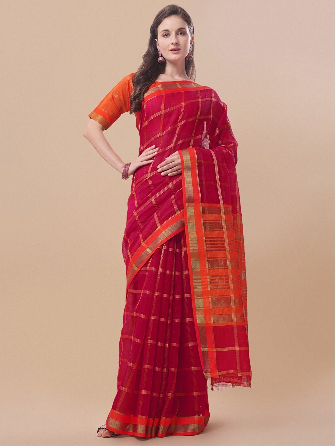 

Sidhidata Burgundy & Gold-Toned Checked Zari Kota Saree