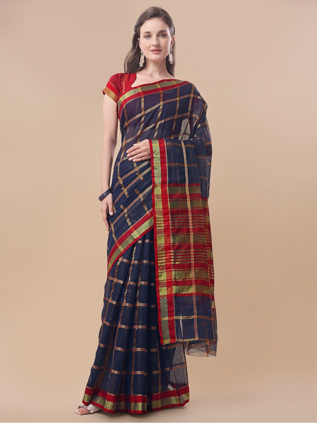 

Sidhidata Navy Blue & Red Woven Design Zari Kota Saree