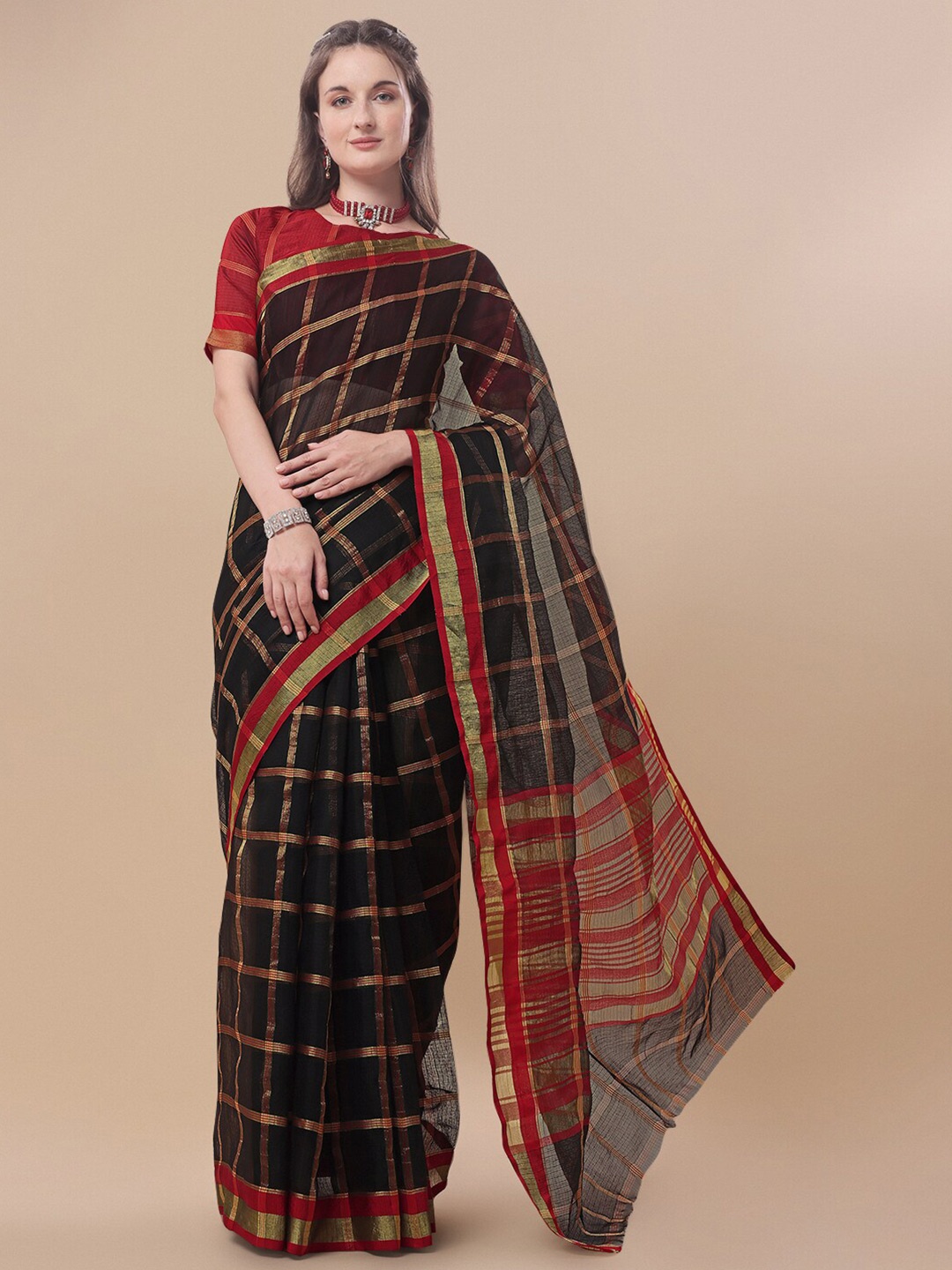 

Sidhidata Black & Gold-Toned Checked Zari Kota Saree