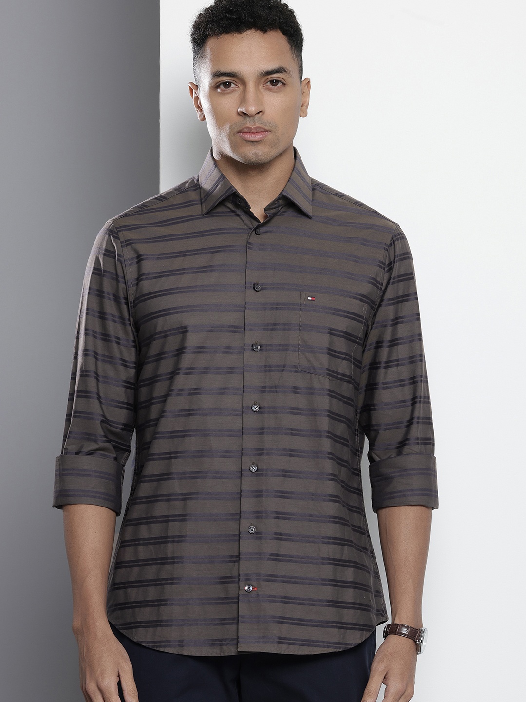 

Tommy Hilfiger Pure Cotton Horizontal Stripes Casual Shirt, Grey