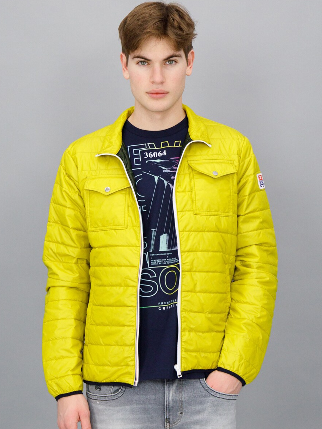 

FREESOUL Men Yellow Solid Long Sleeves Padded Jacket