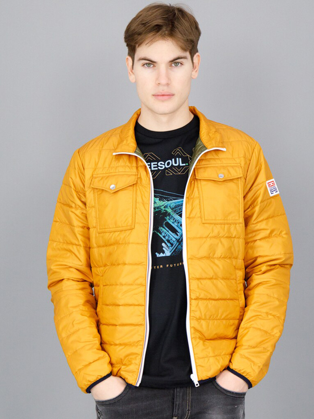 

FREESOUL Men Orange Padded Jacket with Patchwork