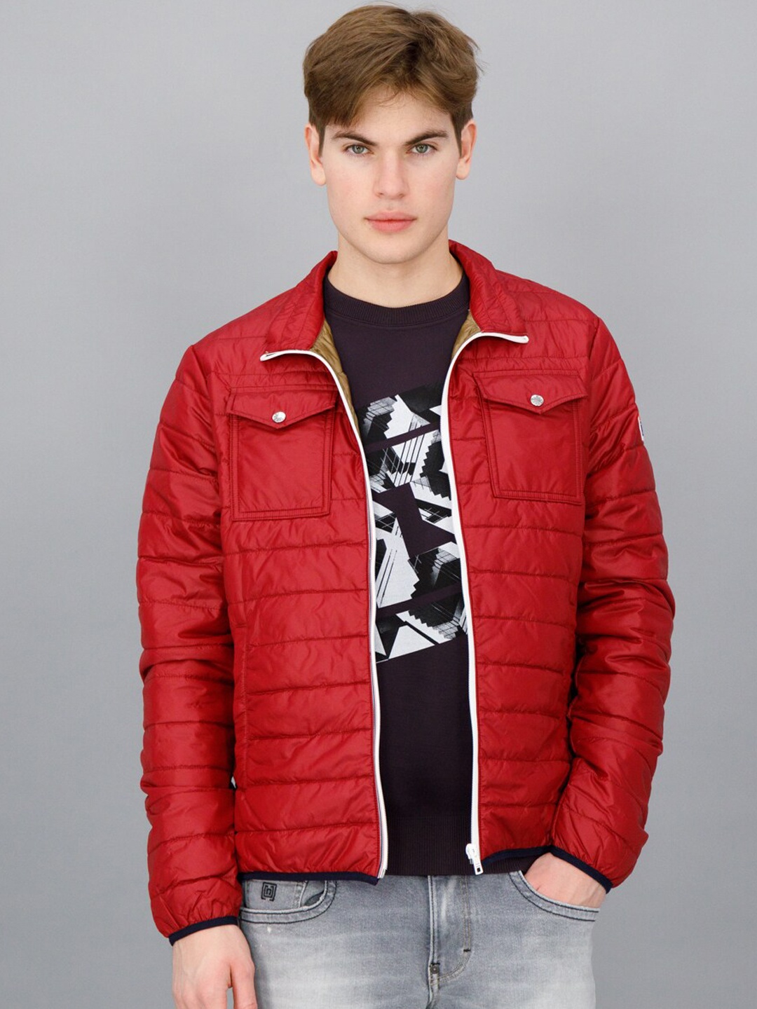 

FREESOUL Men Red Mock Collar Flap Pocket Puffer Jacket