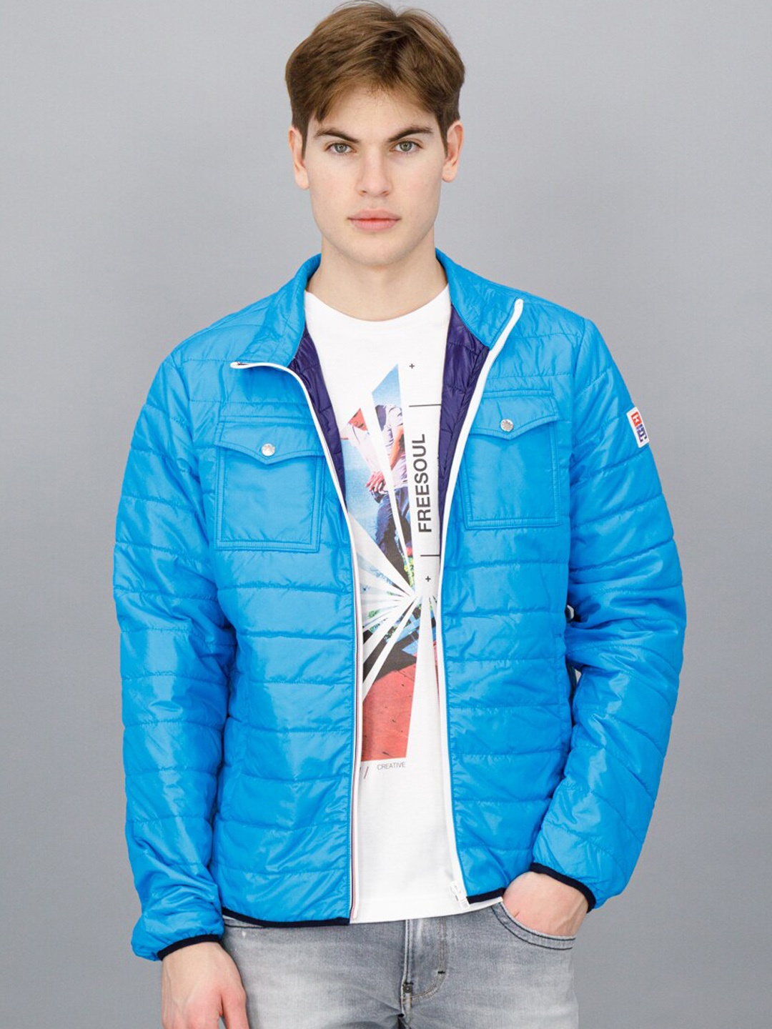 

FREESOUL Men Blue Mock Collar Flap Pocket Puffer Jacket