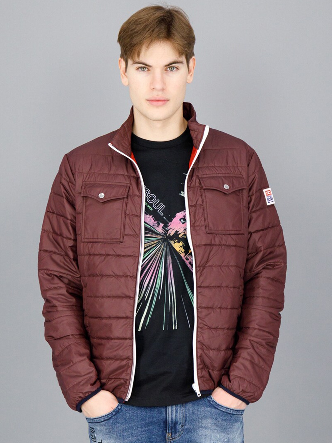 

FREESOUL Men Burgundy Solid Polyester Bomber Jacket