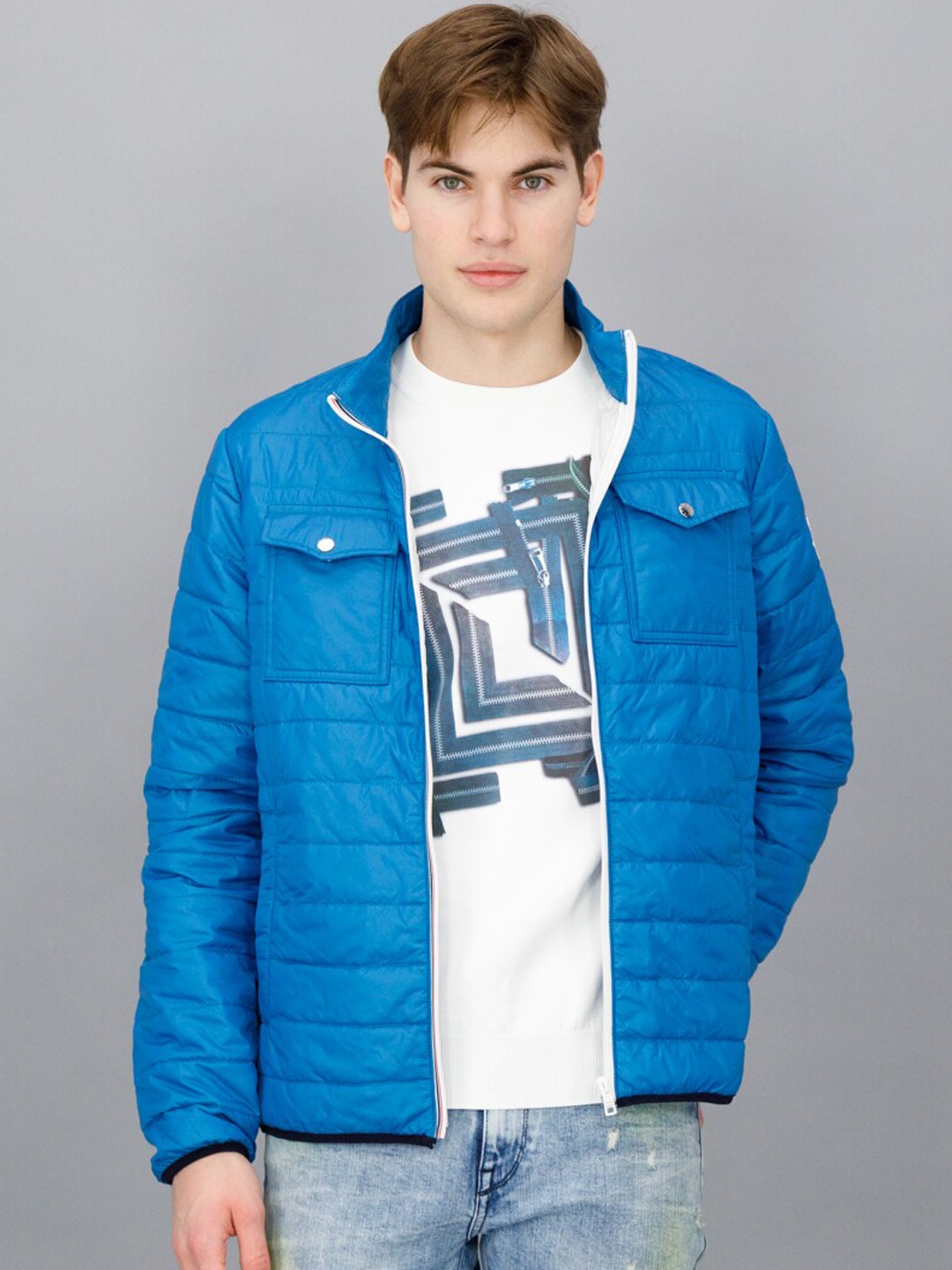 

FREESOUL Men Blue Denim Jacket with Patchwork