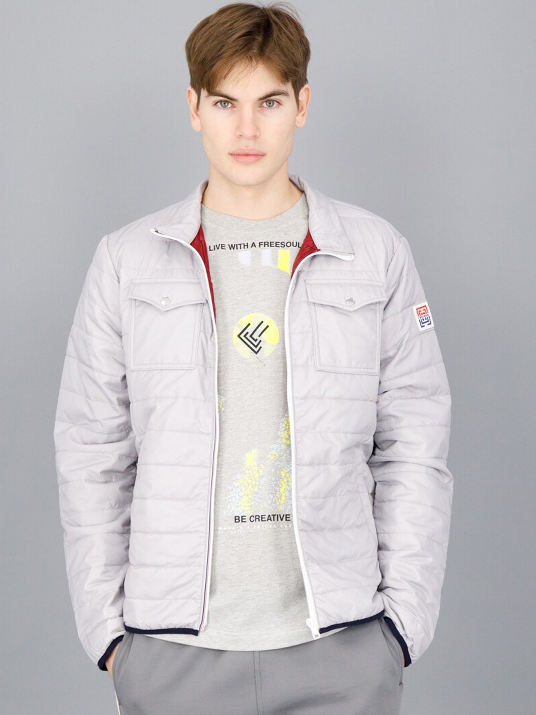 

FREESOUL Men Crop Puffer Jacket with Patchwork, Grey