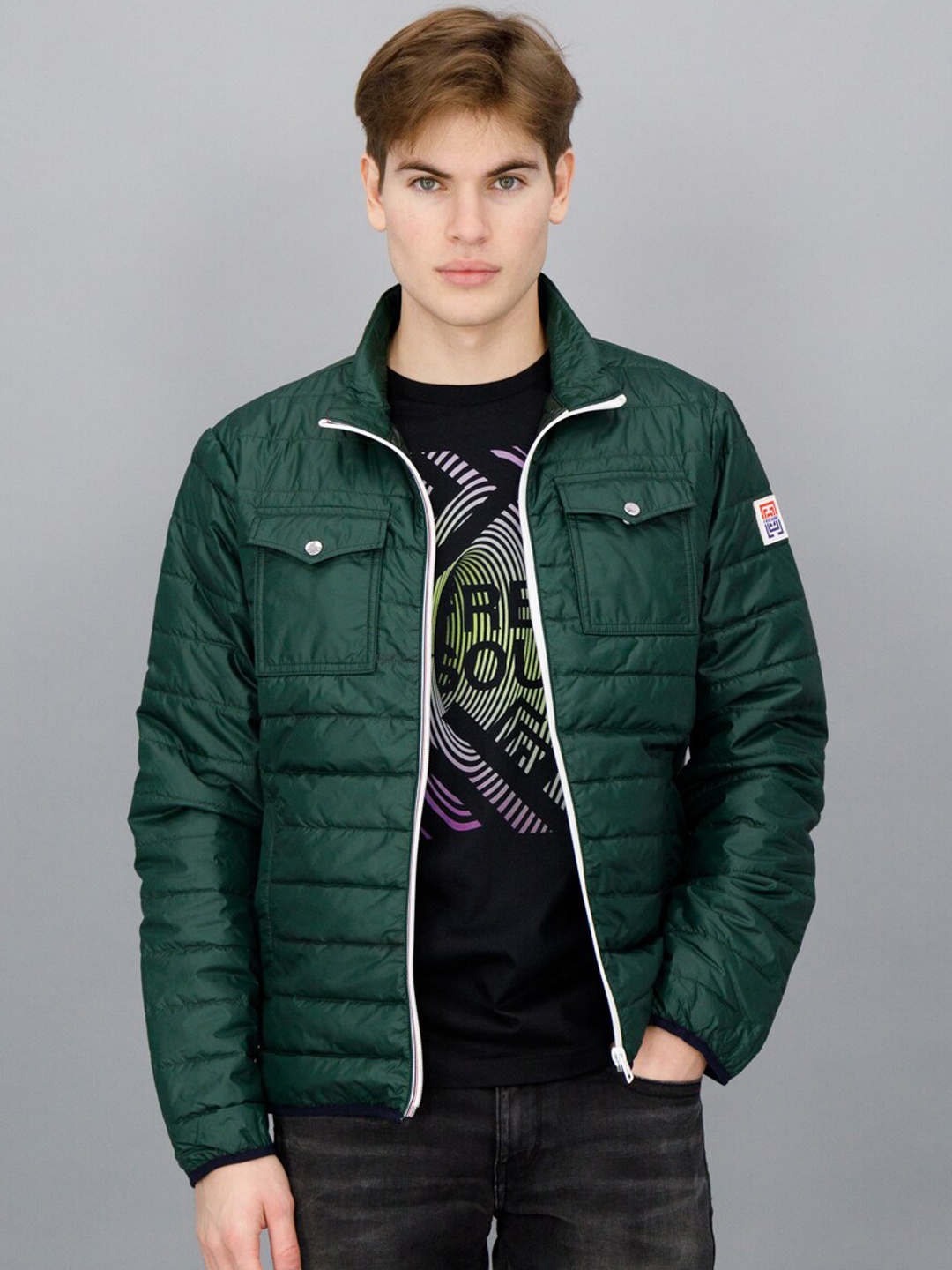

FREESOUL Men Green White Bomber Jacket