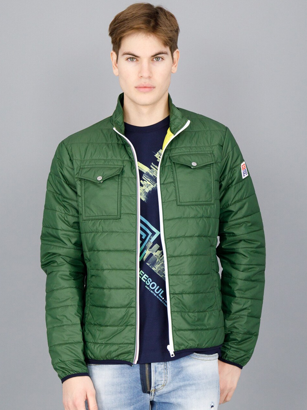 

FREESOUL Men Green Quilted Jacket