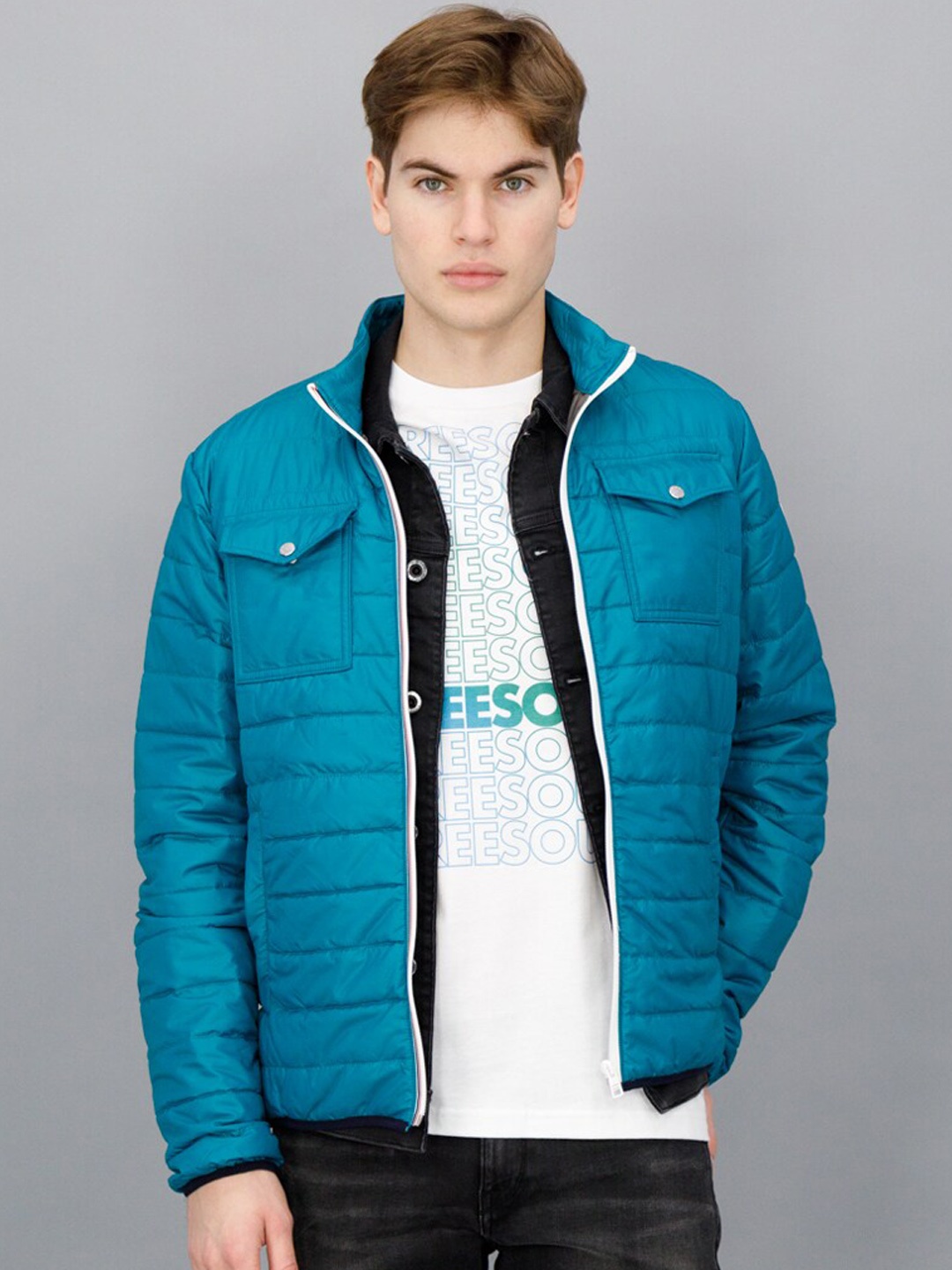 

FREESOUL Men Blue Solid Padded Jacket, Turquoise blue