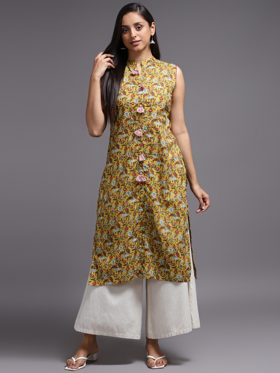 

KALINI Women Mustard Yellow Pure Cotton Floral Printed Floral Kurta