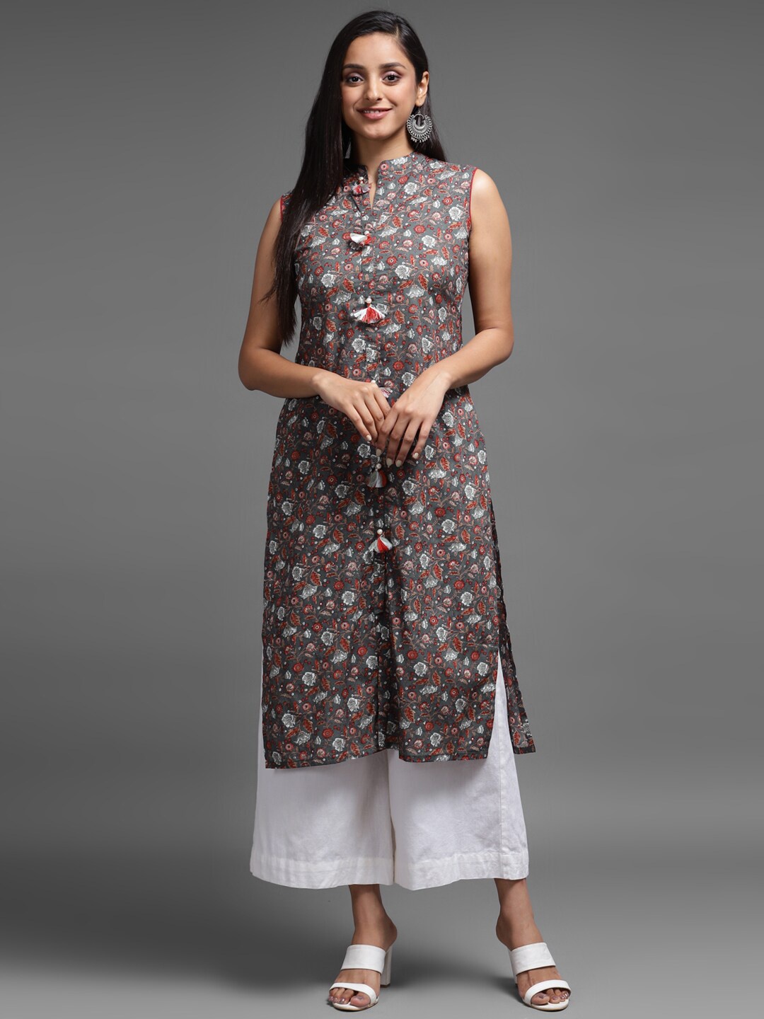 

KALINI Women Grey Floral Printed Straight Fit Pure Cotton Kurta