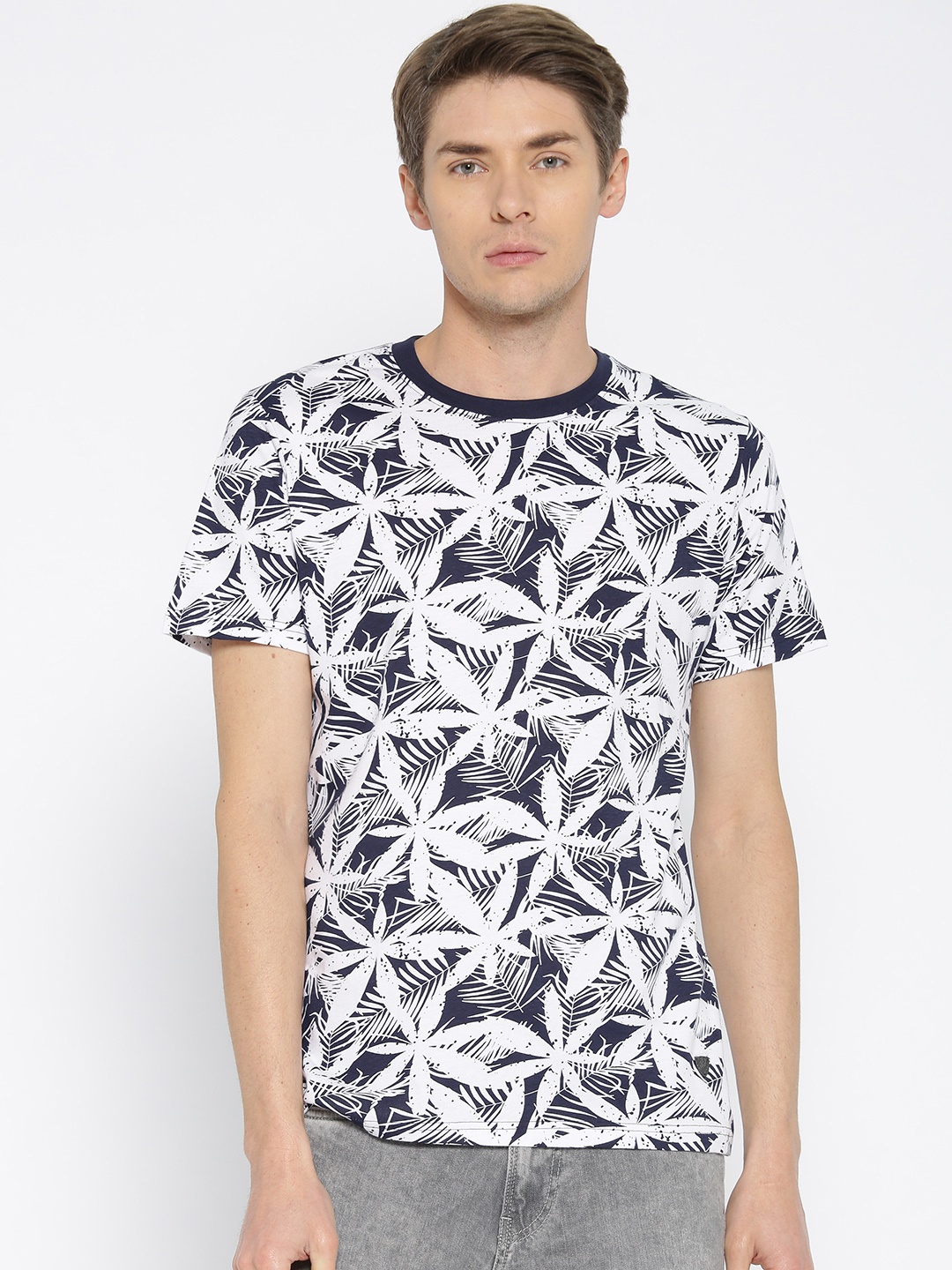 

John Players Men White & Navy Printed Round Neck T-shirt