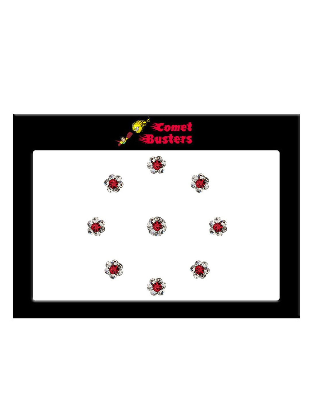 

Comet Busters 9 Pcs Embellished Reusable Designer Bindis - Red & Silver-Toned