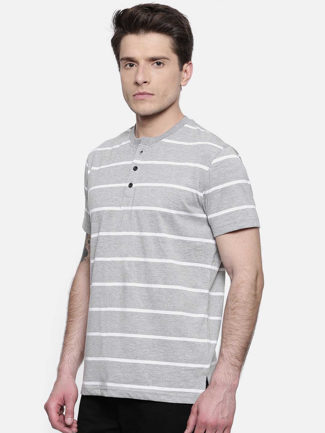 

John Players Men Grey Melange Striped Henley Neck Pure Cotton T-shirt