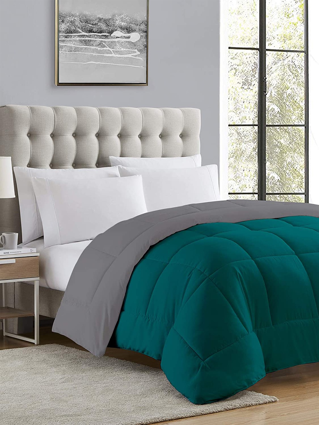 

CURIOUS LIFESTYLE Teal Green & Grey Quilted AC Room 200 GSM Single Bed Comforter