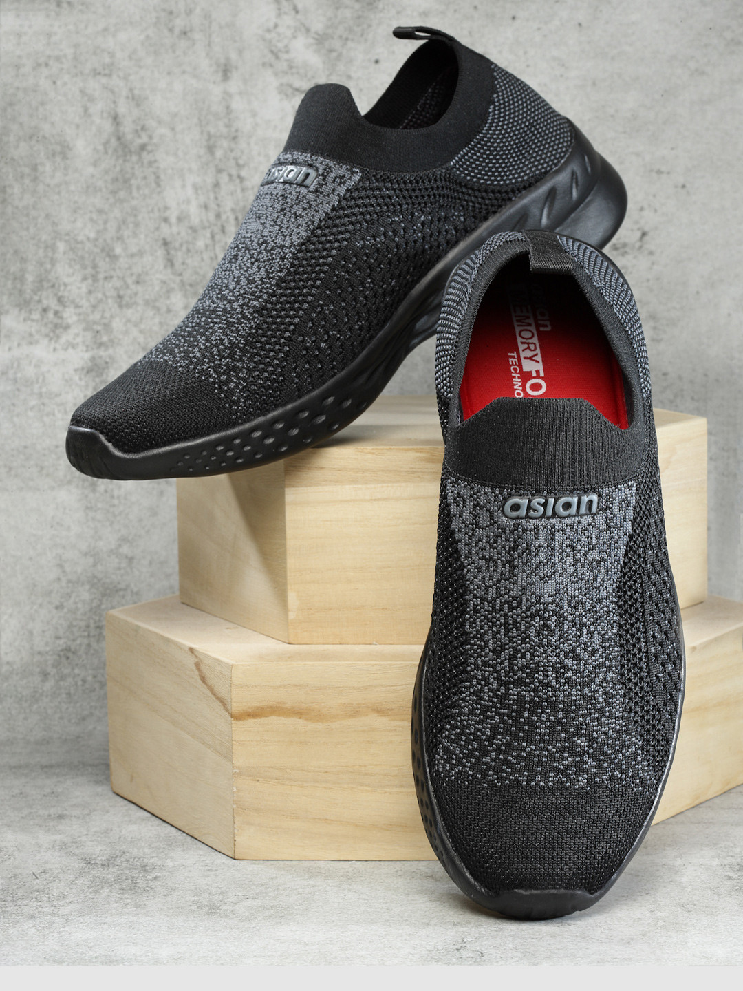 

ASIAN Men Black Textured Slip-On Sneakers