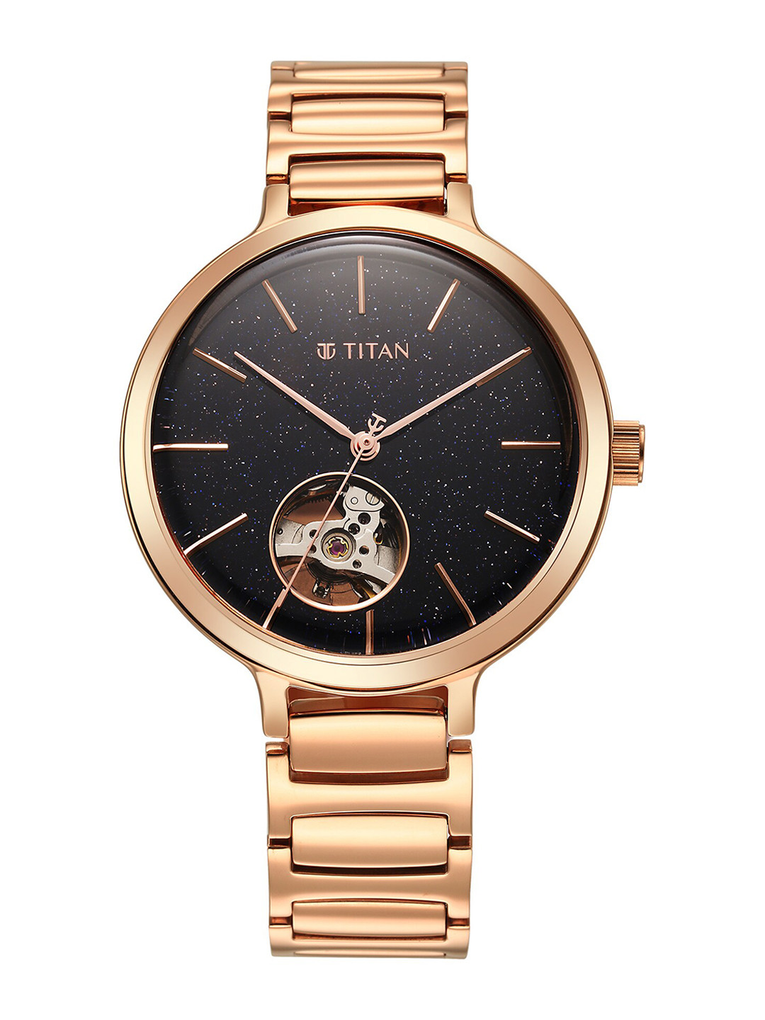 

Titan Women Black Skeleton Dial & Rose Gold Toned Stainless Steel Bracelet Style Straps Analogue Watch
