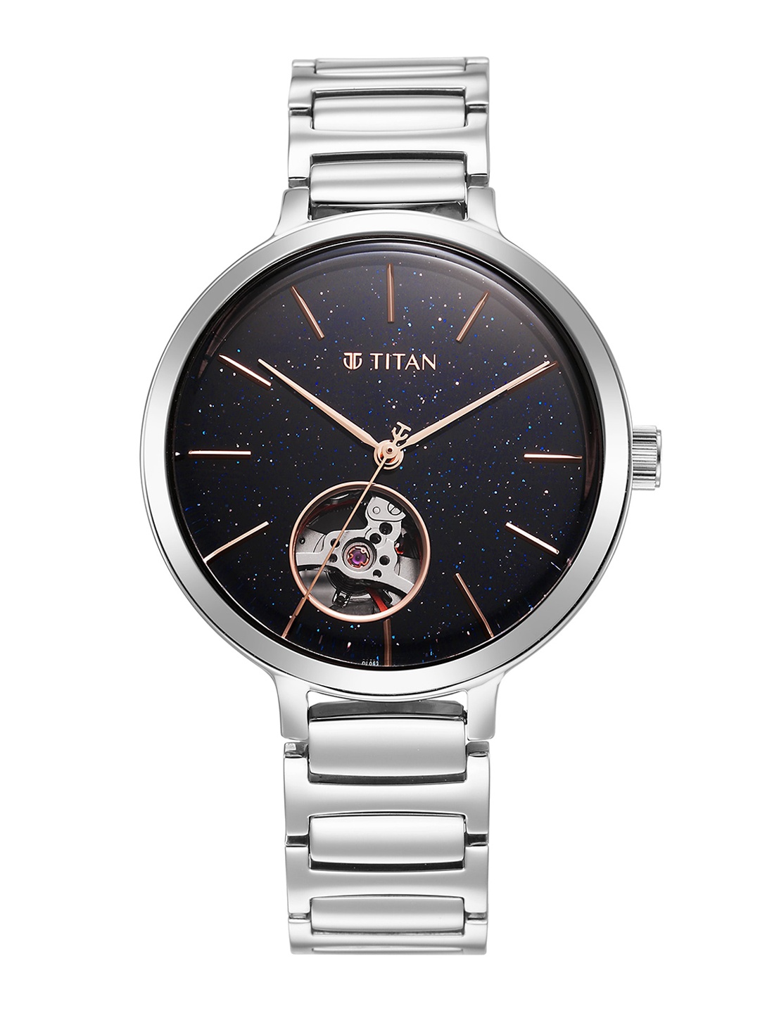 

Titan Women Skeleton Dial & Stainless Steel Bracelet Style Straps Analogue Watch 2675SM01, Silver