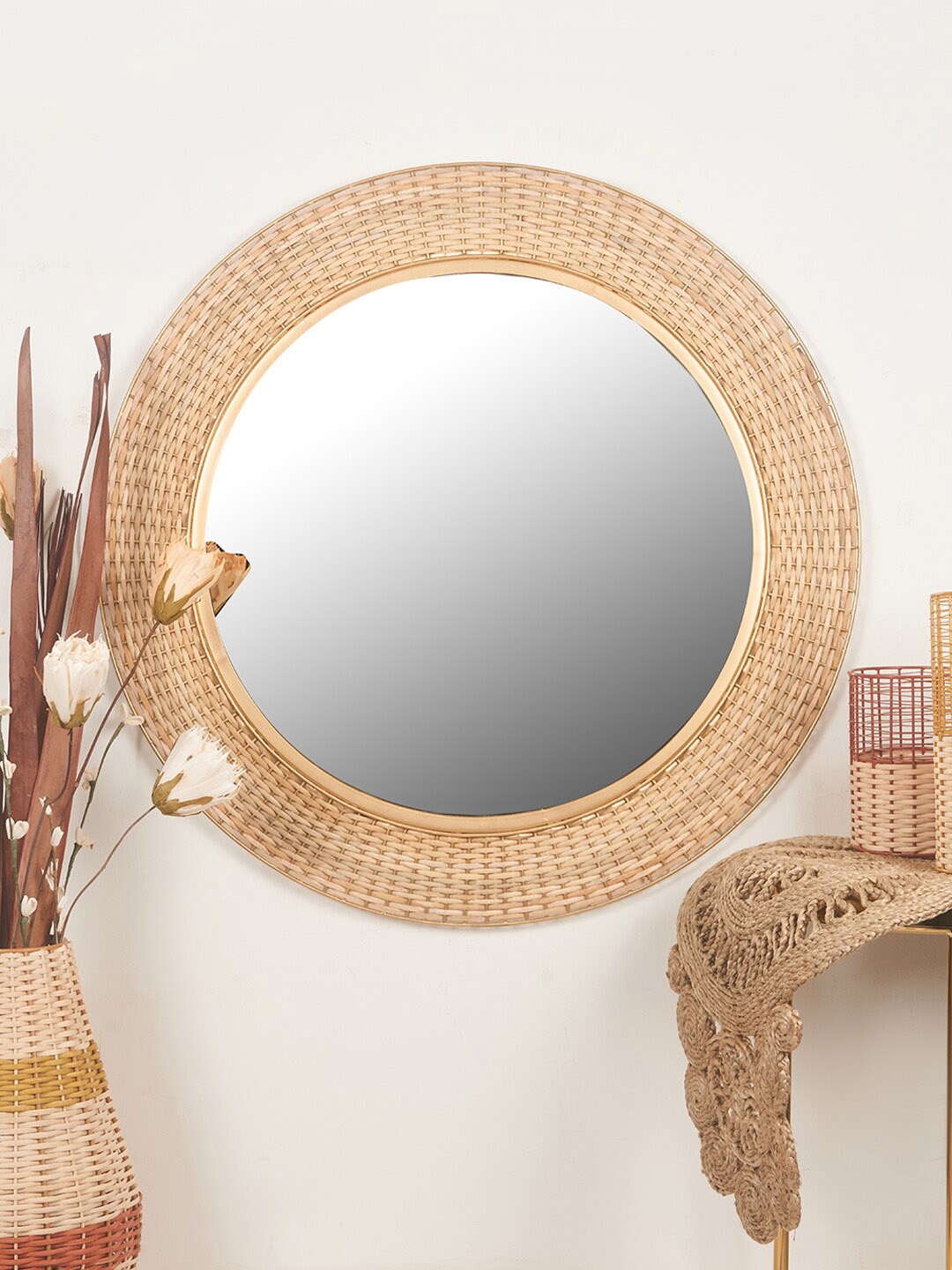 

HomeTown Cream Textured Wooden Round Wall Mirror