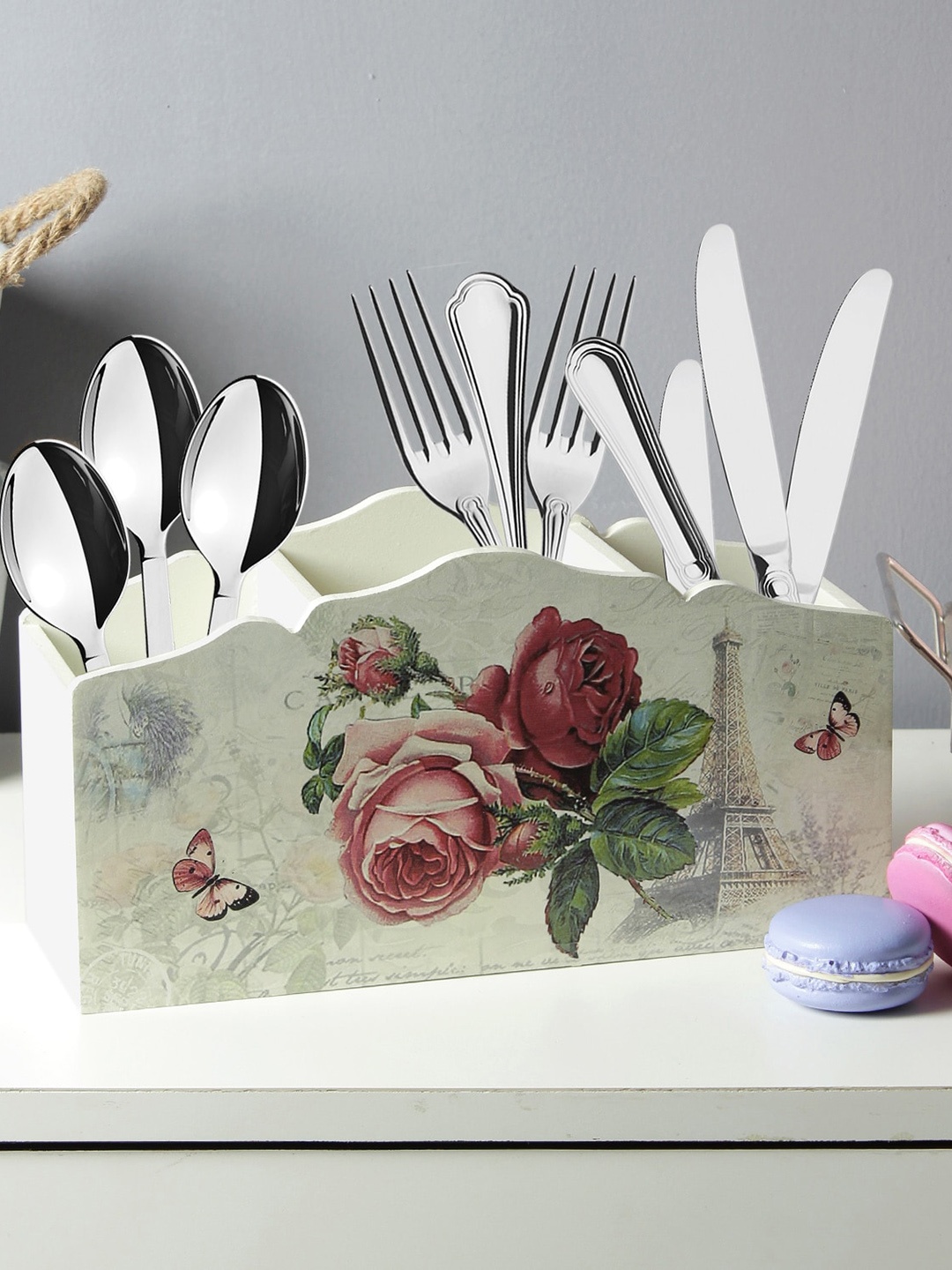 

A Vintage Affair- Home Decor White & Pink Printed Cutlery Holder
