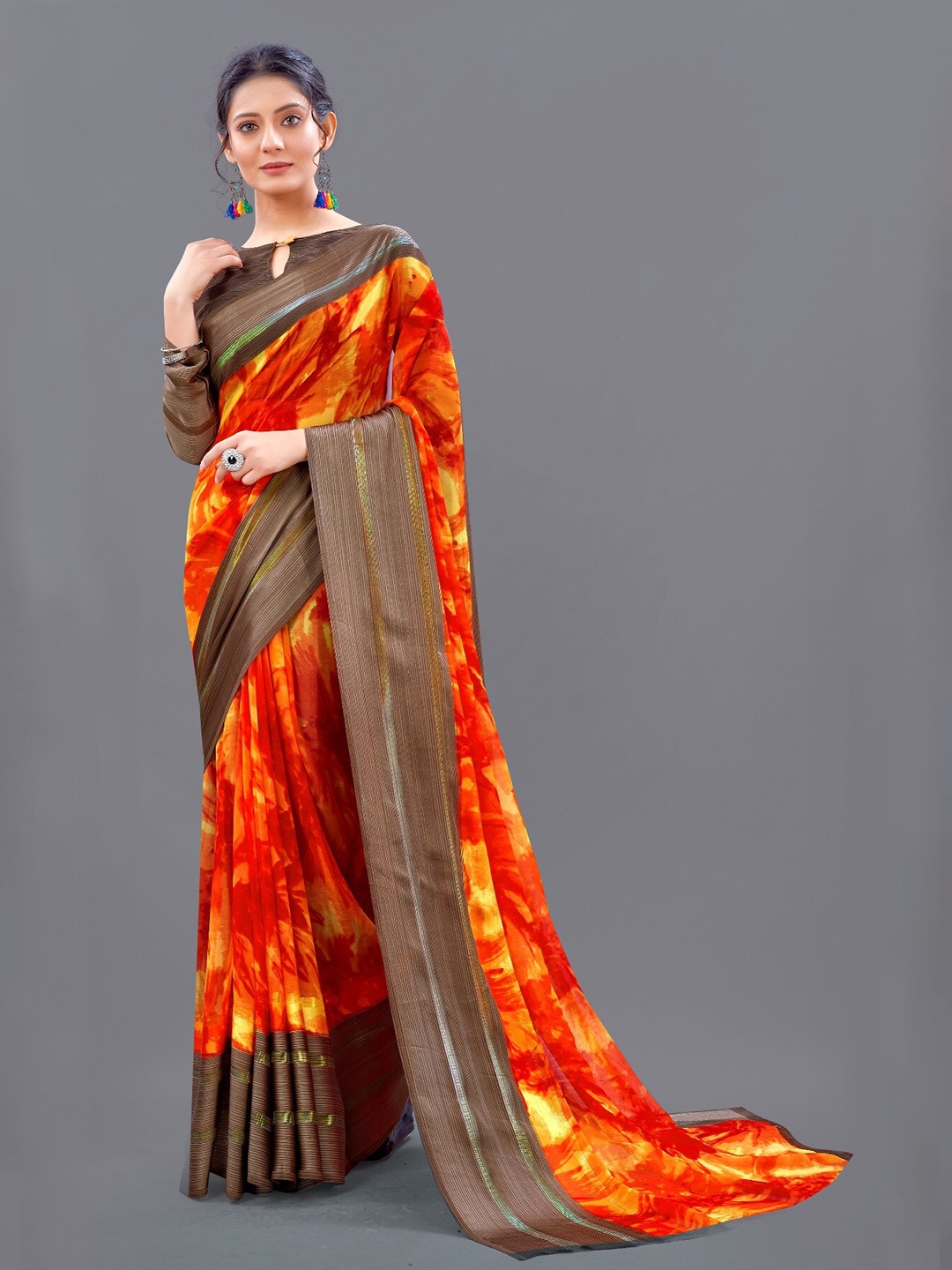 

M M Venture Red & Brown Floral Printed Pure Georgette Saree