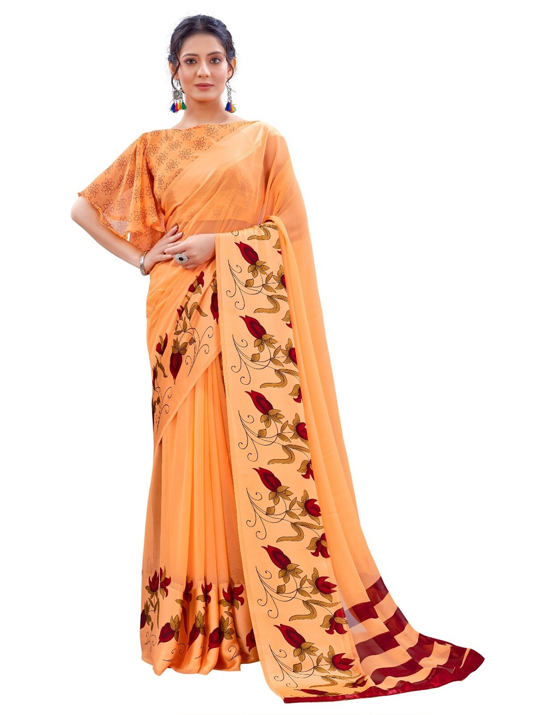 

M M Venture Orange & Red Floral Pure Georgette Saree